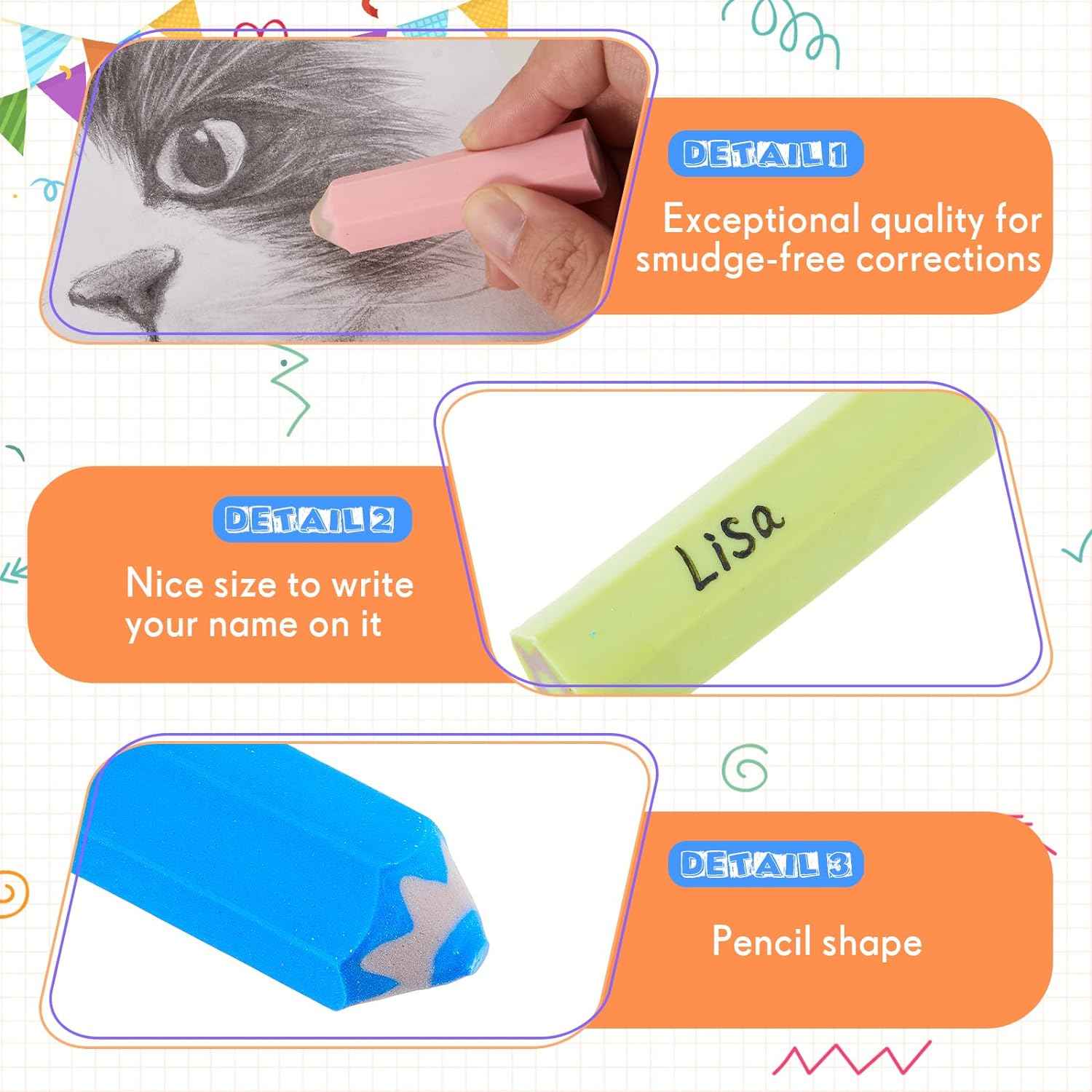 20Pcs Kids Pencil Shaped Erasers 10 Neon Colors