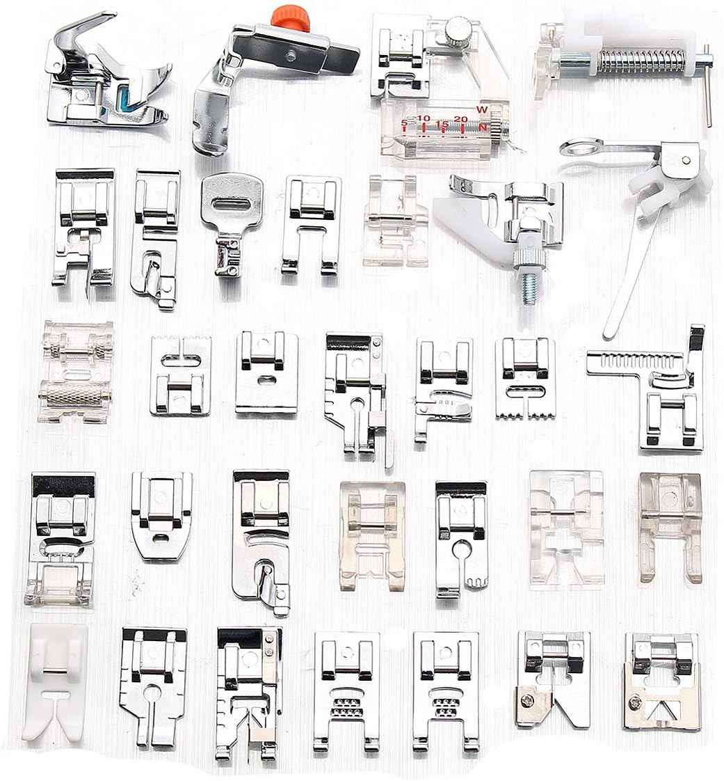52 presser feet and metal sewing machine attachments laid out for sorting
