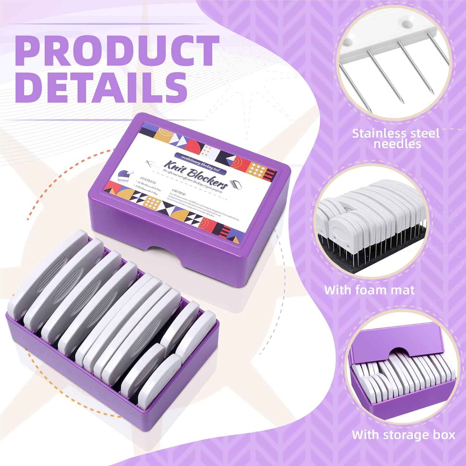 Knit blocker kit with stainless steel needles, foam mat, and storage box