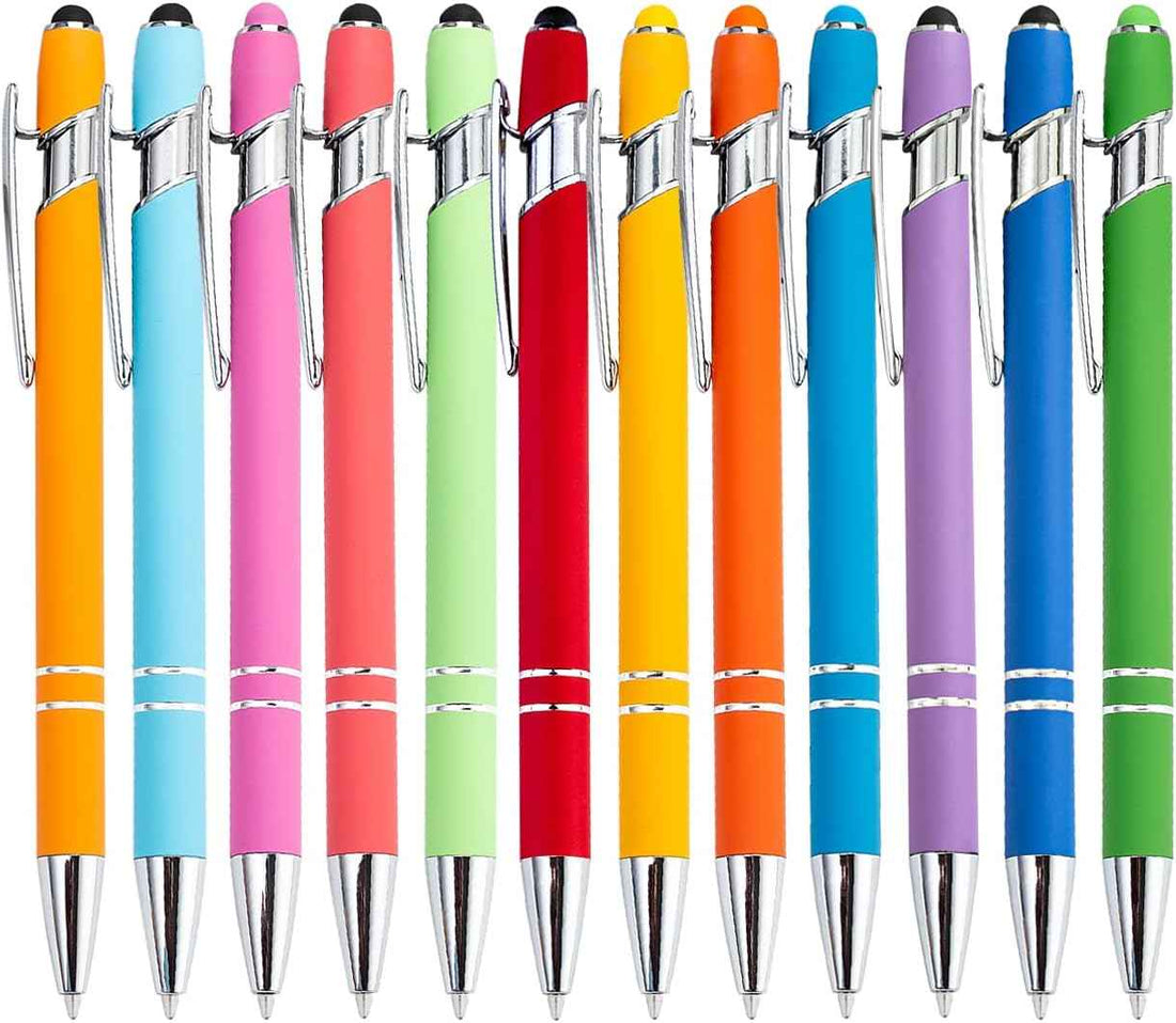 12 Pack Rainbow Rubberized Soft Touch Ballpoint Pen with Stylus Tip 12 Pcs Stylus Pens-1