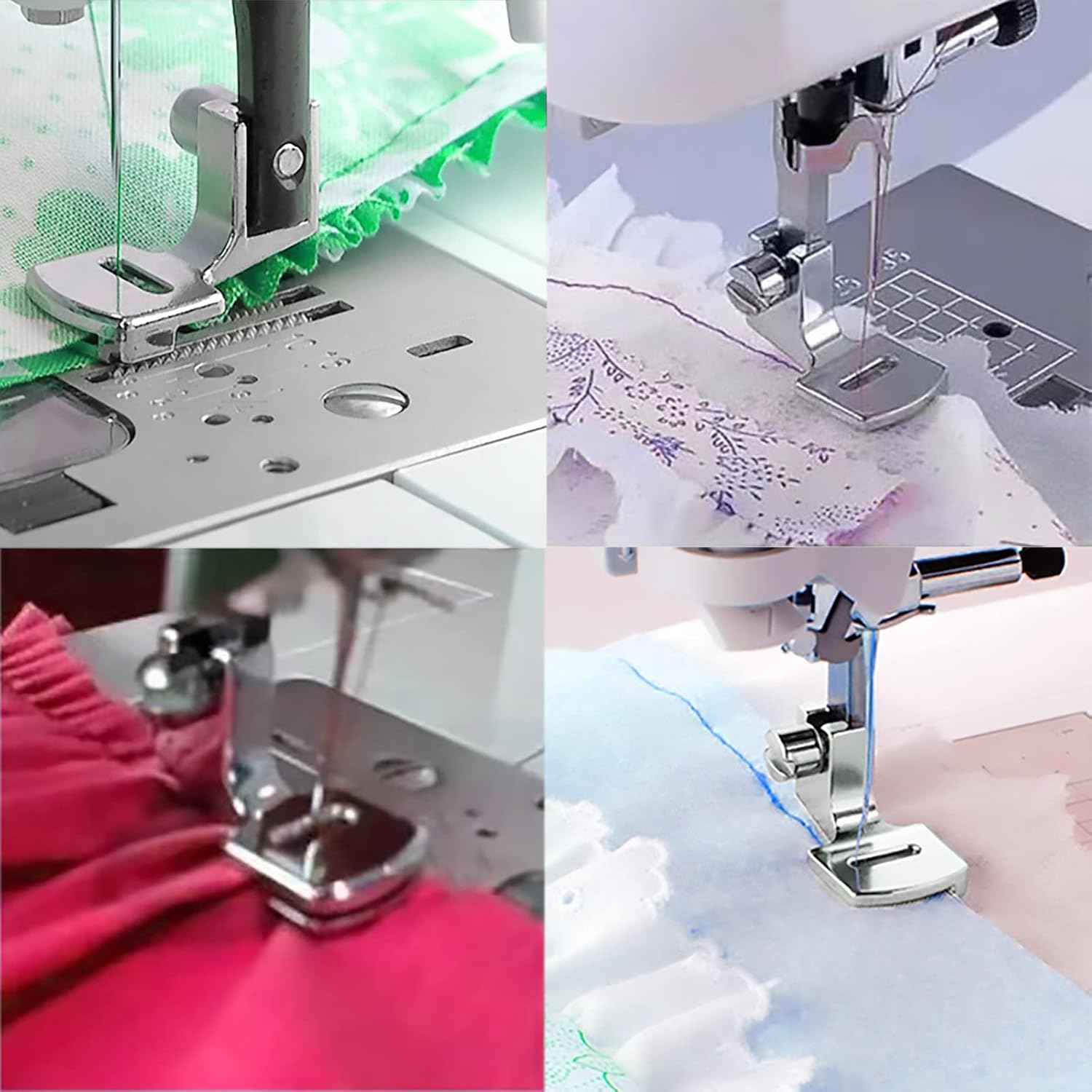 Shirring gathering presser foot installed on sewing machine, working on fabric pieces