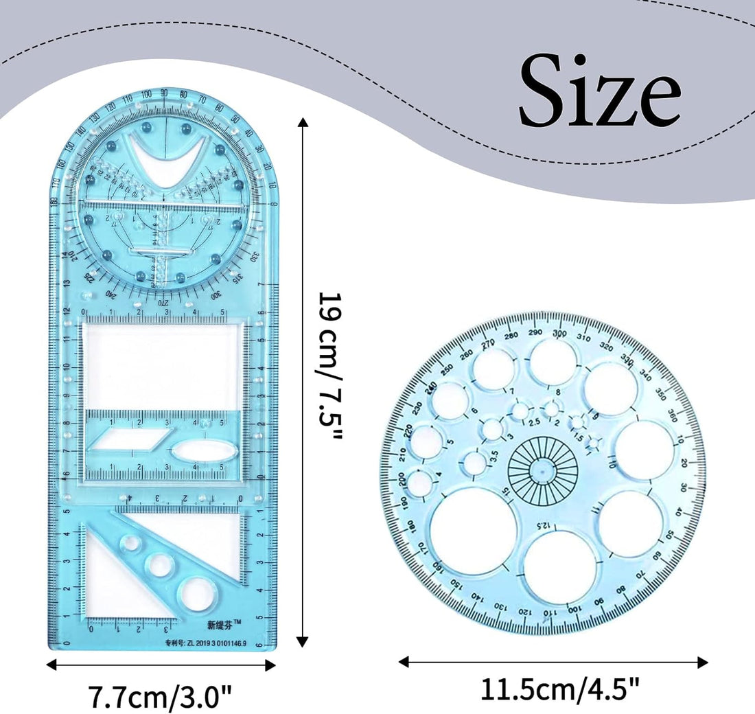 2PCS Multifunctional Geometric Ruler,Drawing Template Measuring Tool Blue
