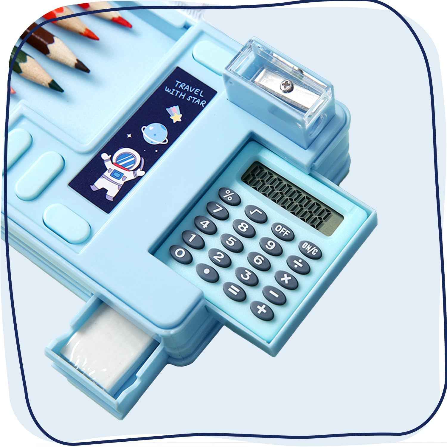 Multifunction Pencil Case with Calculator Sharpener Light Blue Space