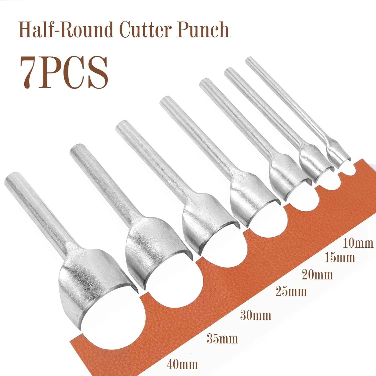 Half-round cutter punch set (7pcs) with labeled sizes 10–40mm