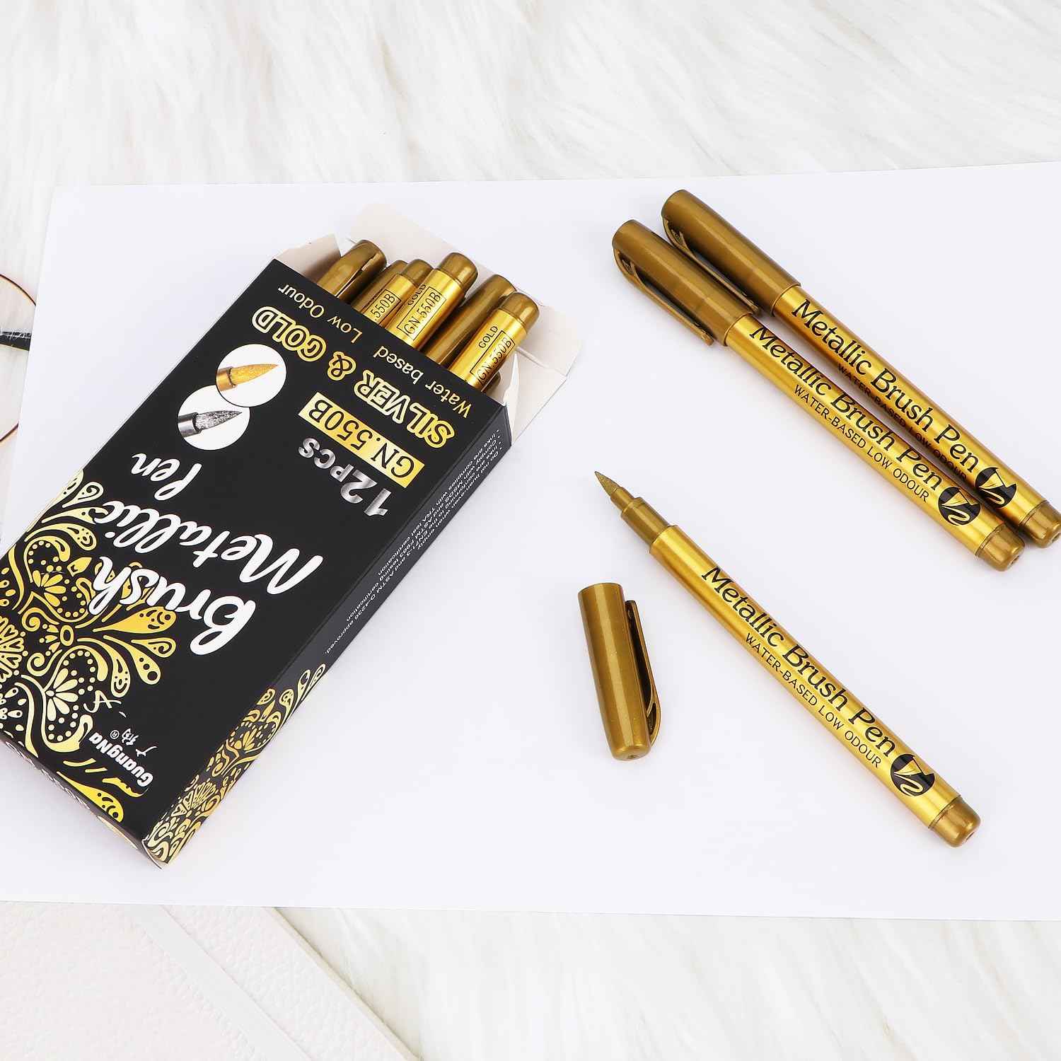 Guangna 550B 12pcs Metallic Brush Craftwork Marker Pens Gold