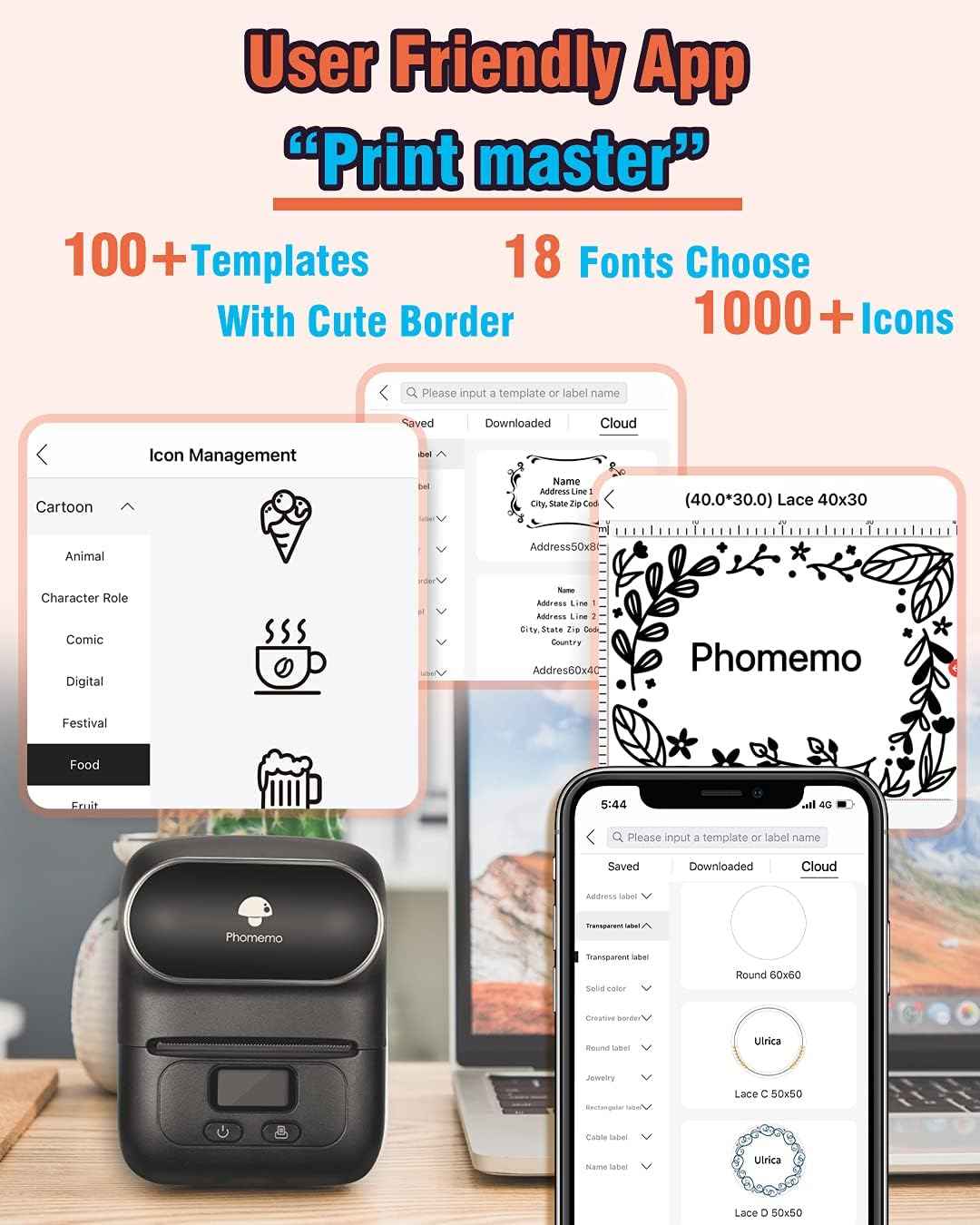 Phomemo M110 Label Maker Thermal Printer with 3 Roll Paper
