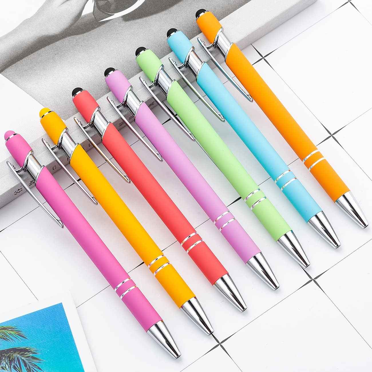 12 Pack Rainbow Rubberized Soft Touch Ballpoint Pen with Stylus Tip