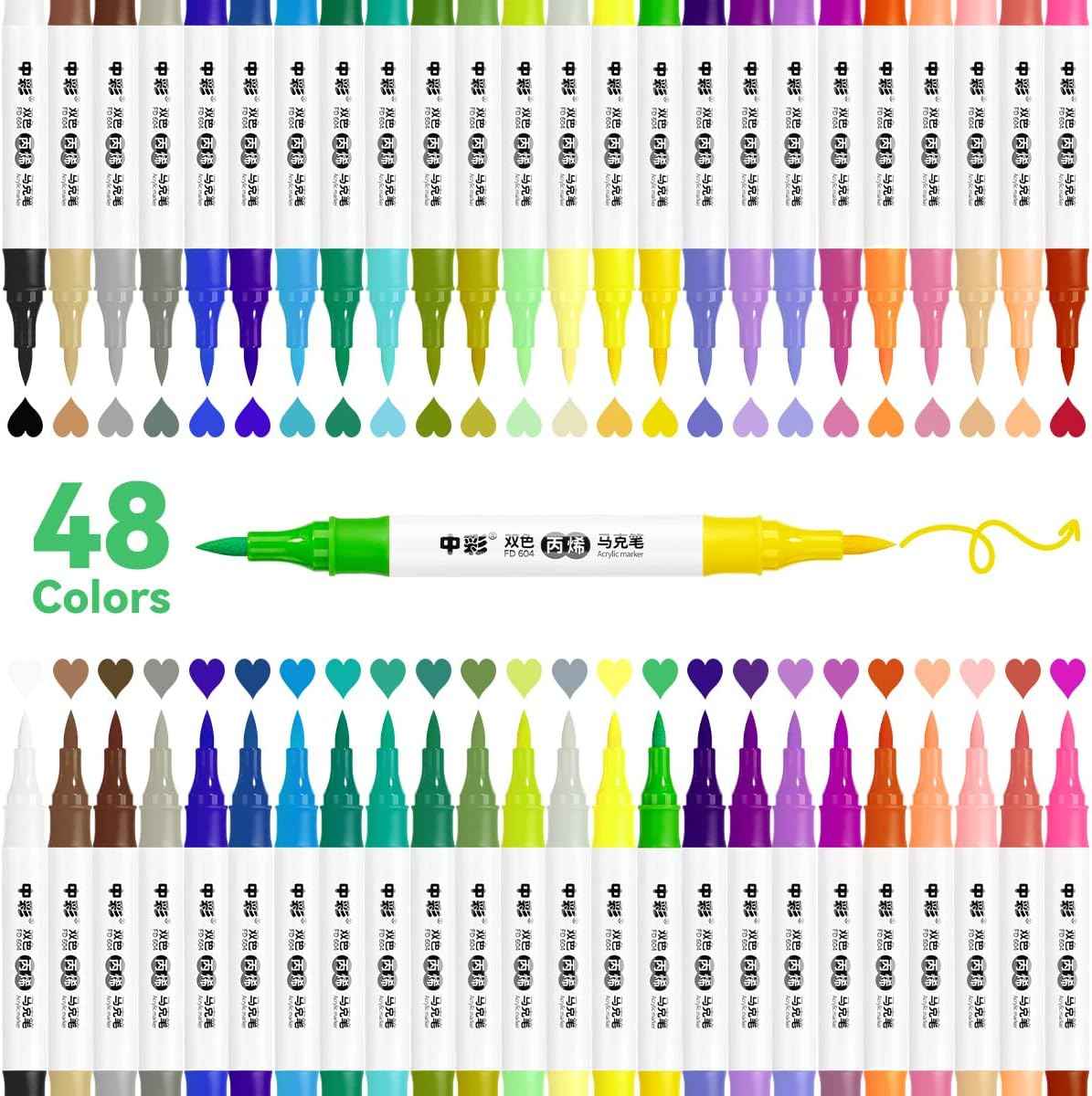 48 Colors Acrylic Paint Markers,24PCS Dual Colors Brush Paint Pens
