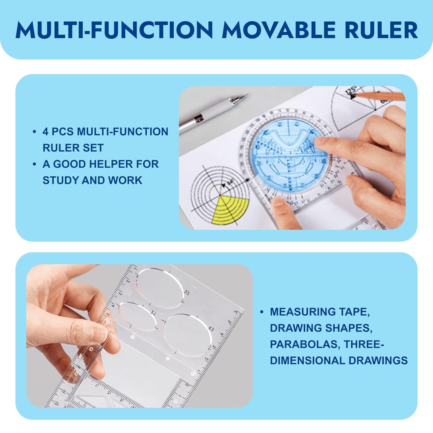 4Pcs Multifunctional Geometric Math Measuring Rulers for Drawing Art