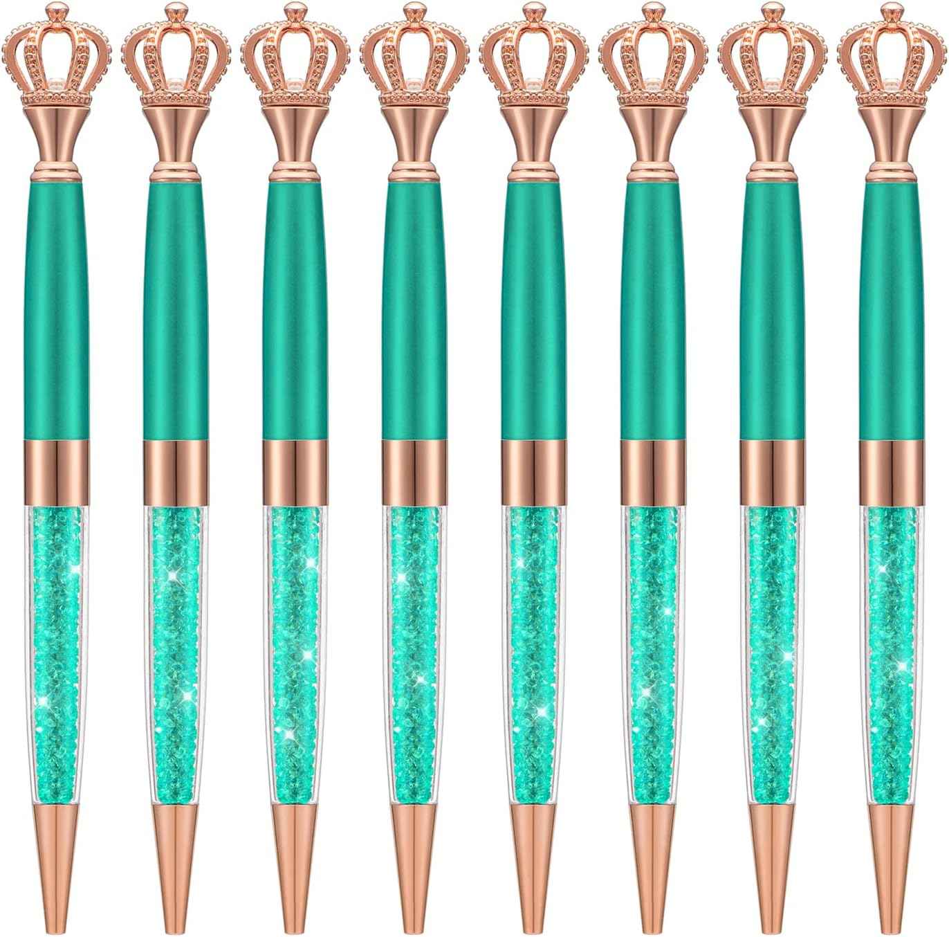 8 Pieces Crystal Crown Ballpoint Pen Set for Women Kid Girl Green