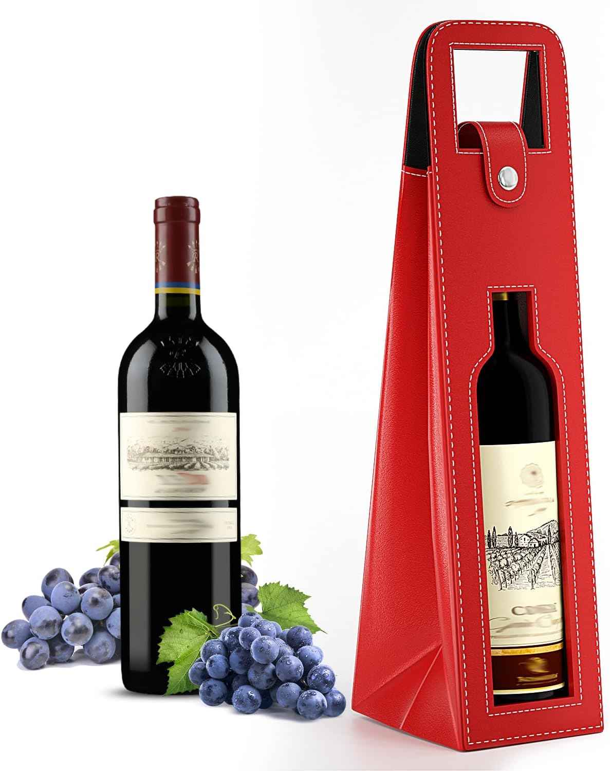 2 Pack Wine Gift Bag, Reusable Leather Wine Tote Carrier Red B