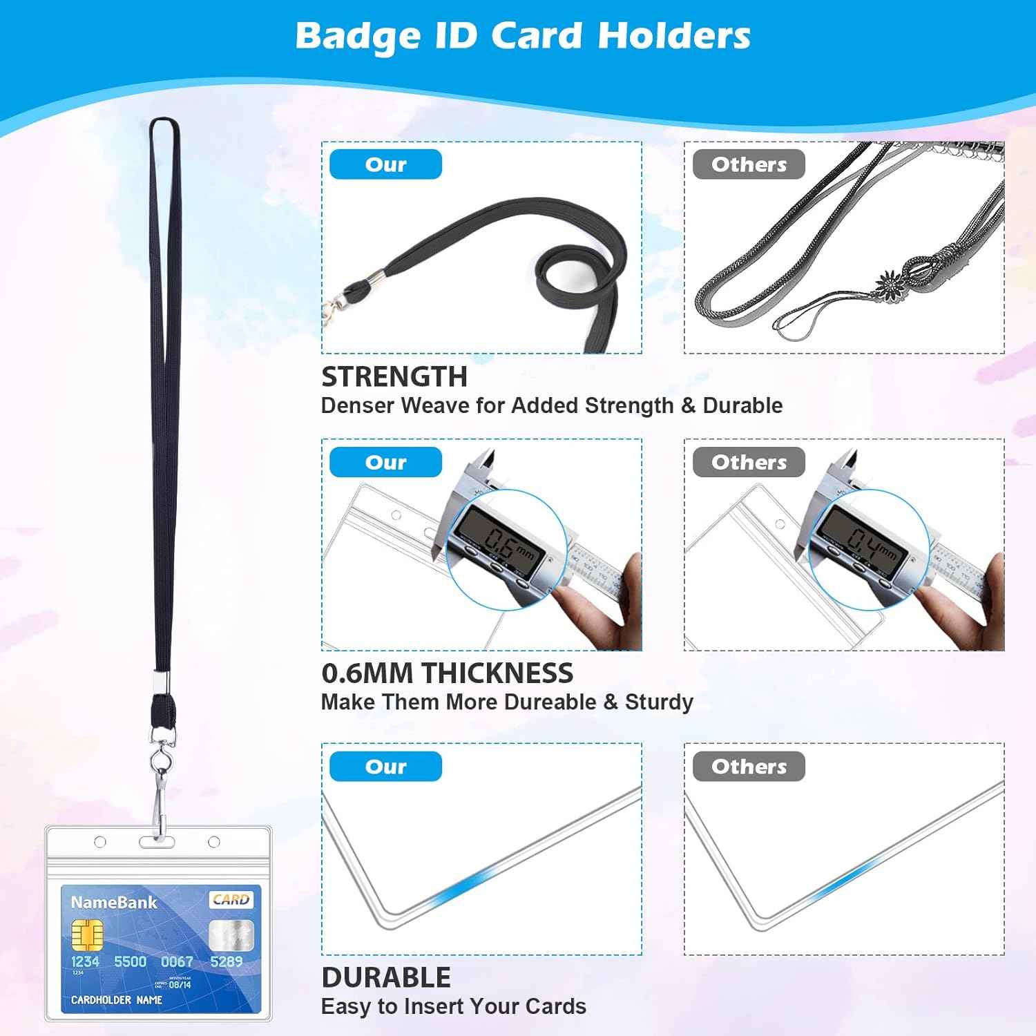 50Pcs Plastic Horizontal Badge Holders and 50Pcs Black Neck Lanyards