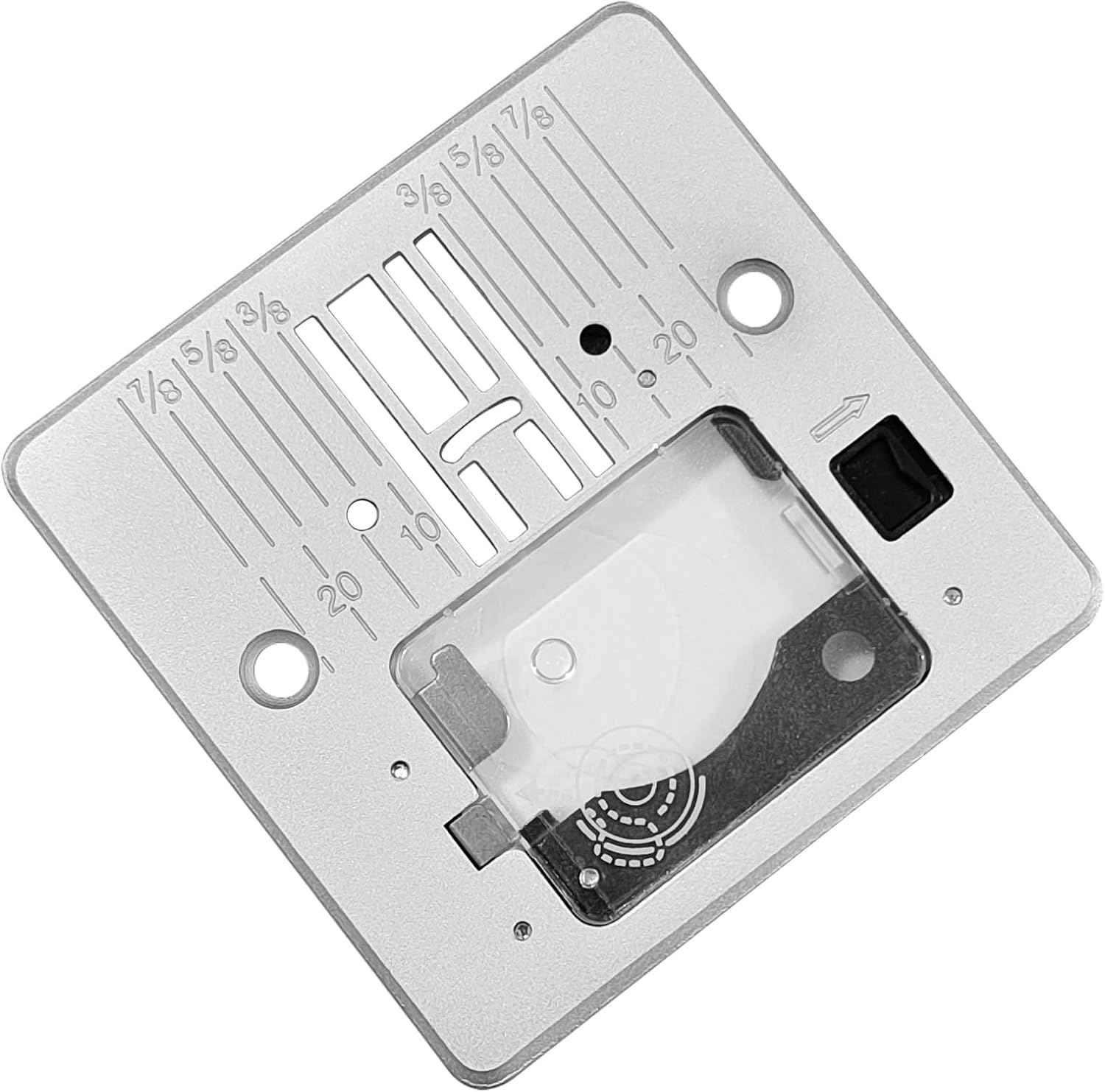 Needle plate with cover plate Q60D, angled view showing feed slot and adjustment marks