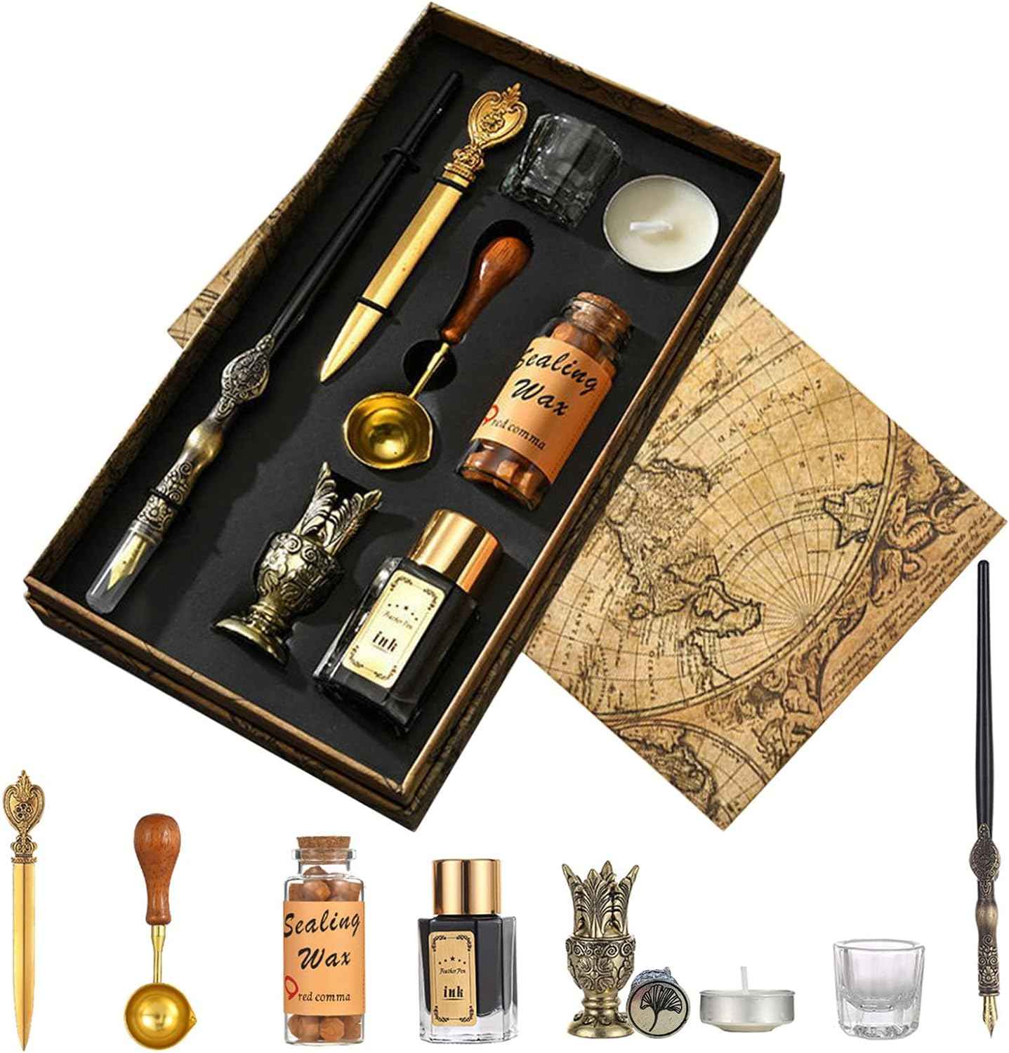 8pcs Dip Pen Ink Wax Seal Letter Opener Tool Calligraphy Gift Set Bronze