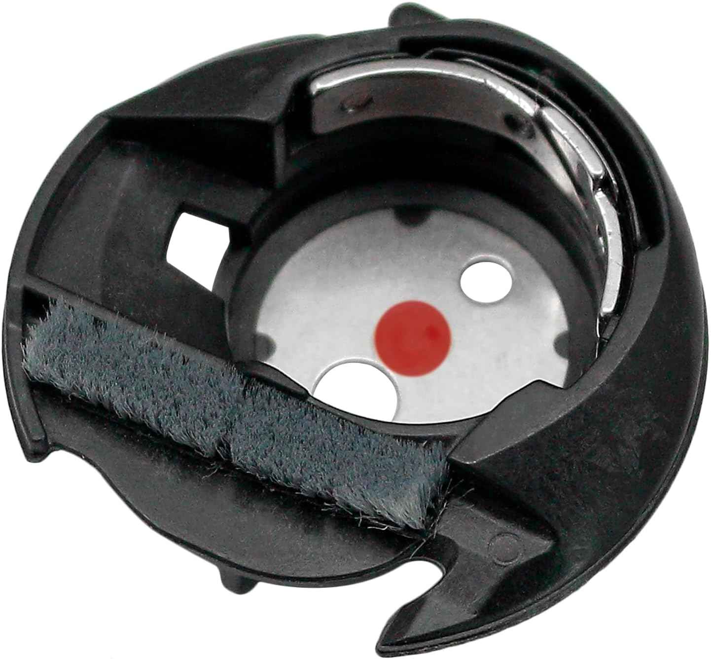 Bobbin case: black plastic bobbin holder with metal plate and felt strip