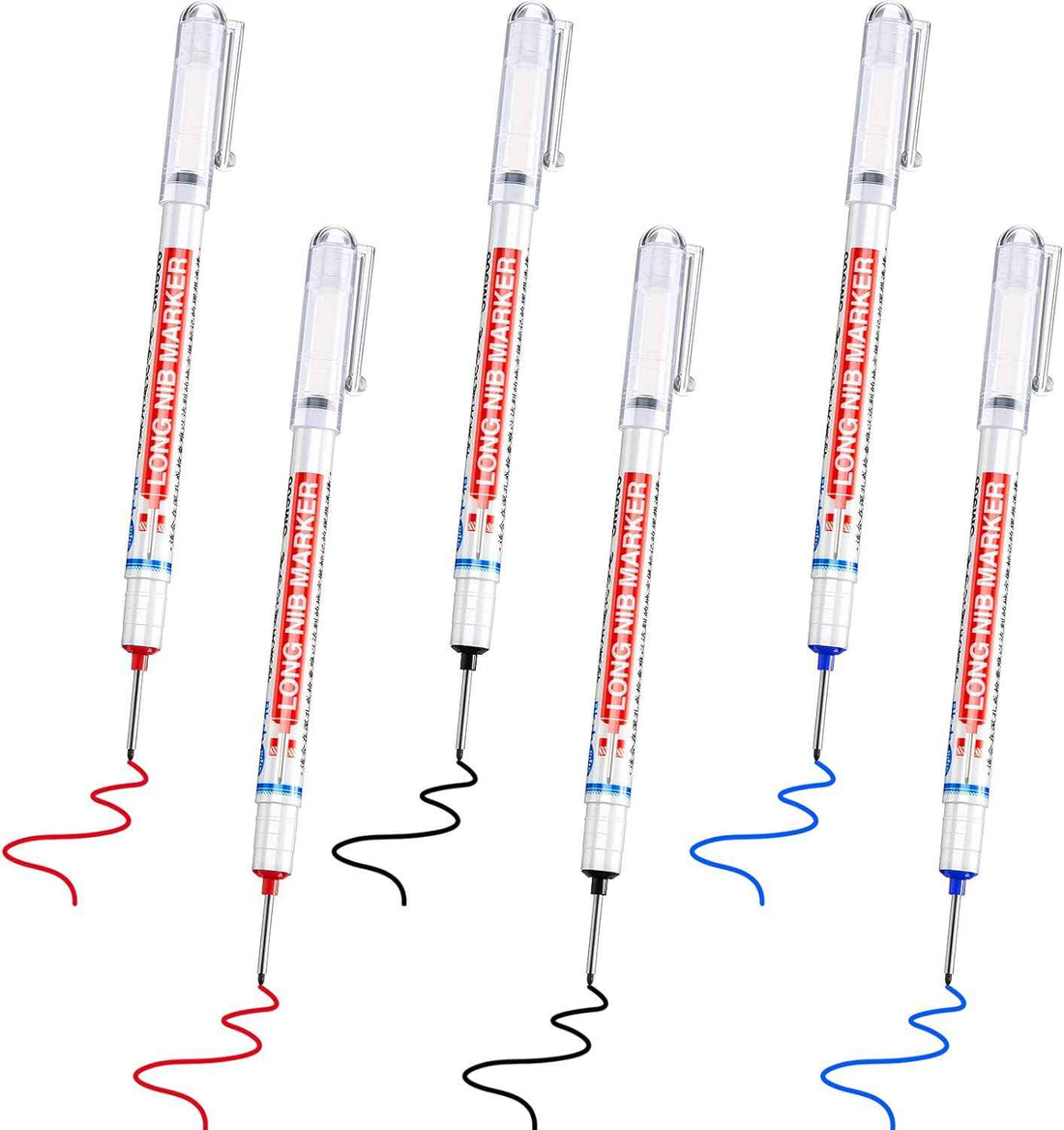 6PCS Deep Drill Hole Long Nib Waterproof Marker Pens Red Black Blue
