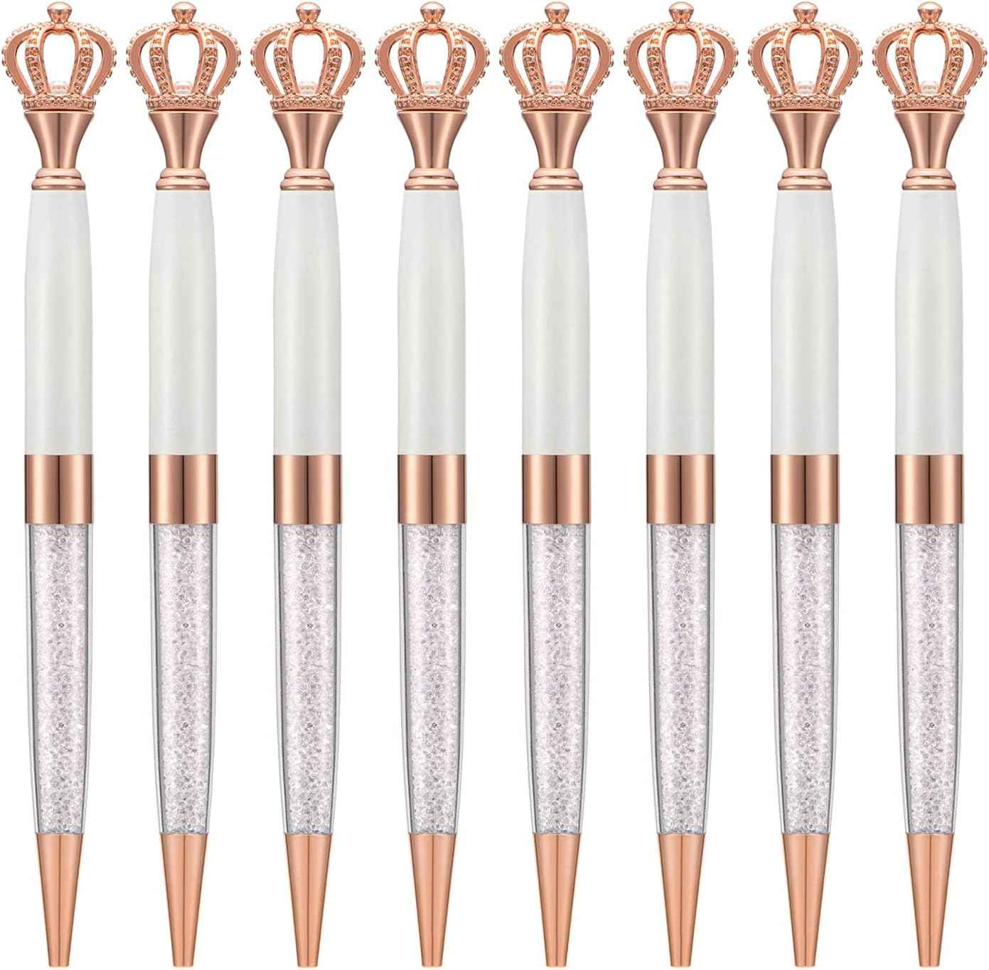 8 Pieces Crystal Crown Ballpoint Pen Set for Women Kid Girl White