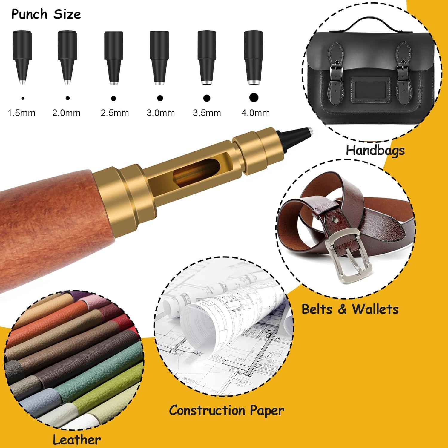Leather belt hole punch tool with punch size guide and usage icons for bags and belts