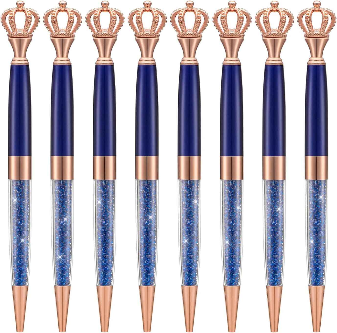 8 Pieces Crystal Crown Ballpoint Pen Set for Women Kid Girl Blue