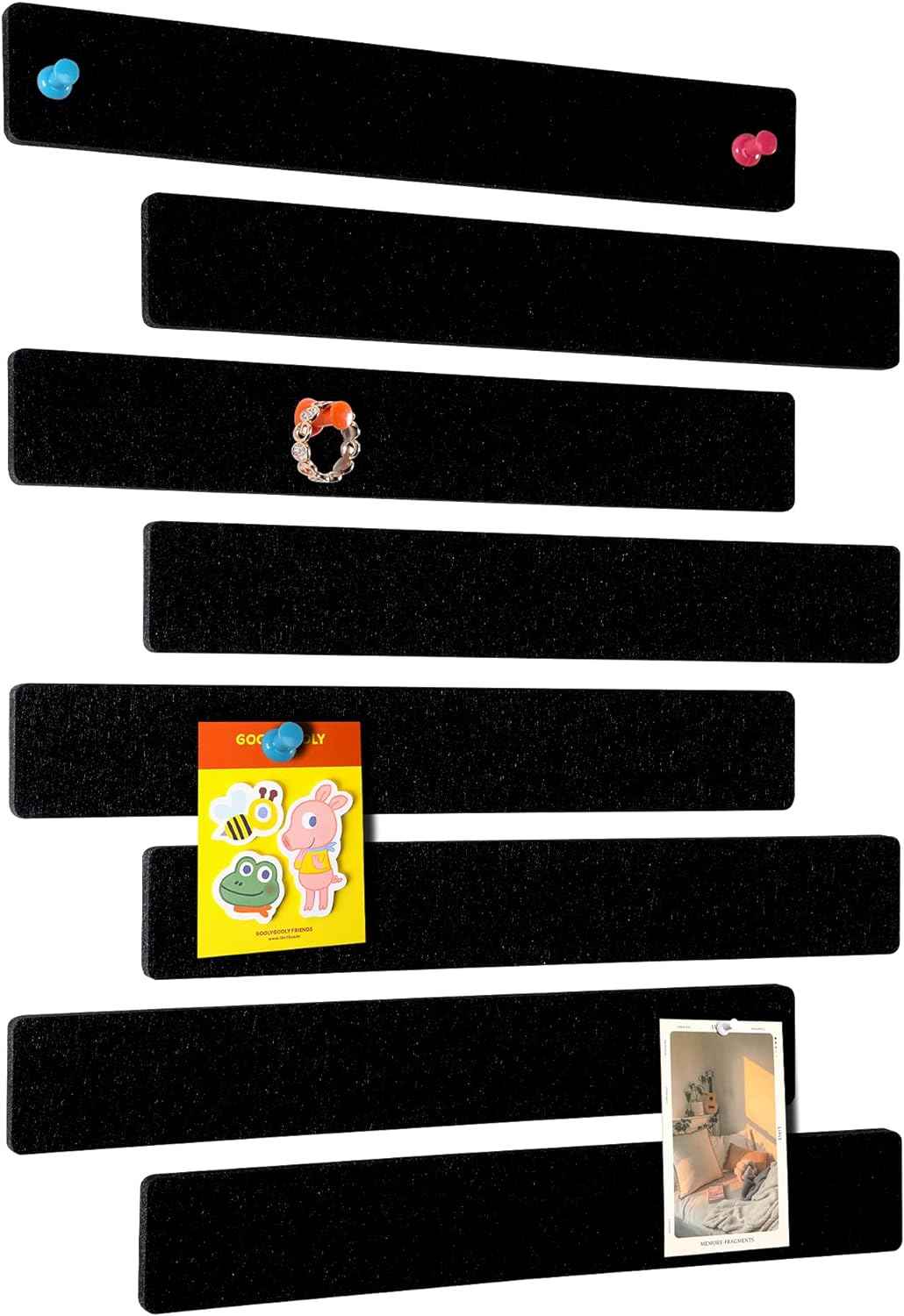 Felt Self-Adhesive Bulletin Board Bar Strips with 40 Push Pins 8 Pack Black