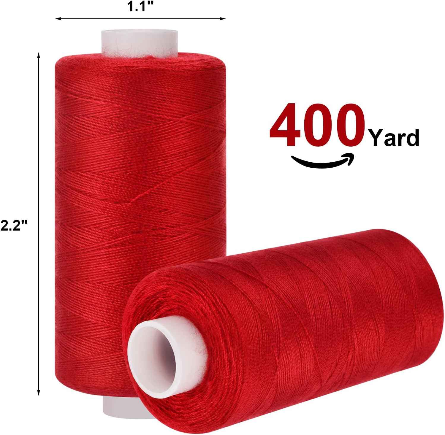 Red sewing thread spool, about 400 yards, with white thread end visible