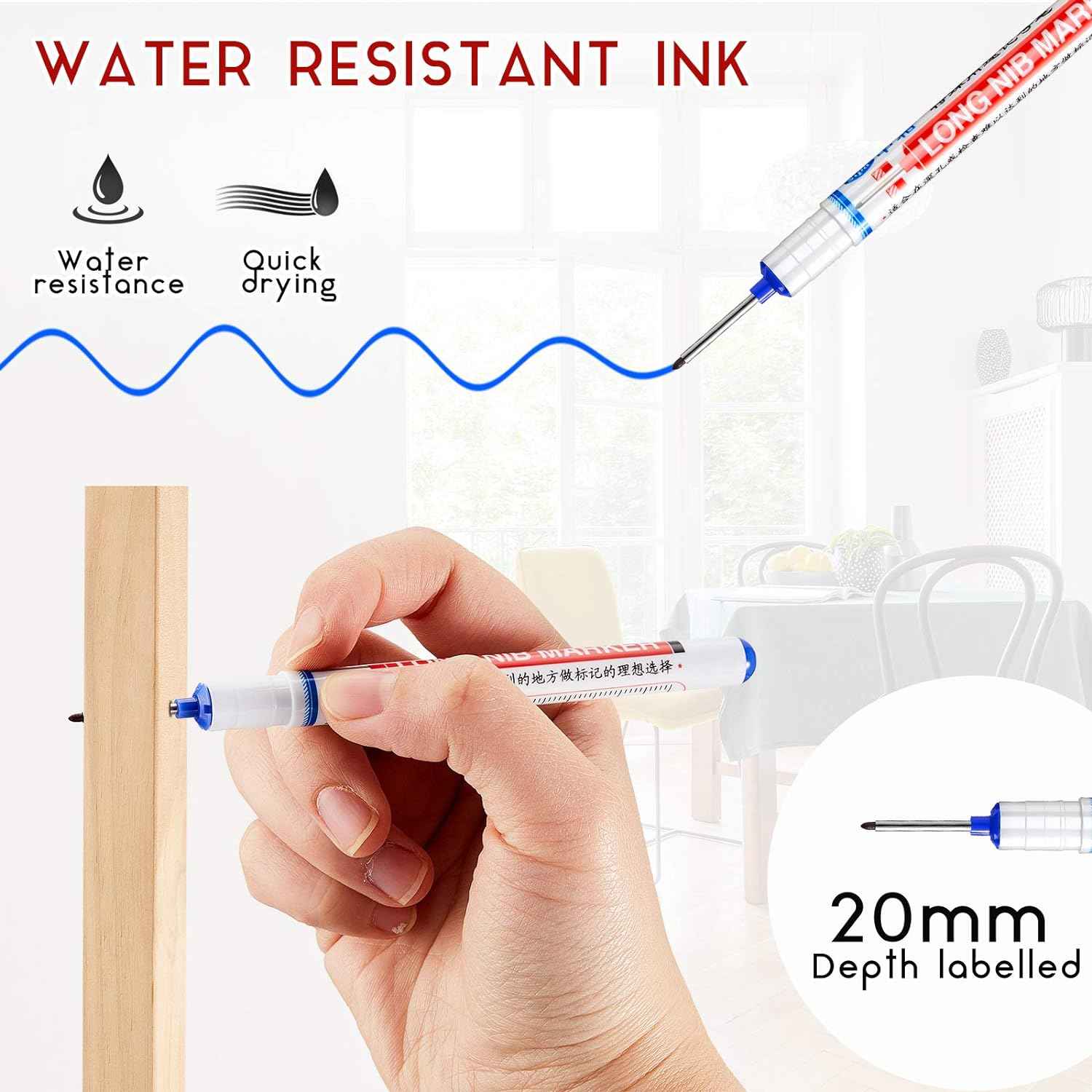 6PCS Deep Drill Hole Long Nib Waterproof Marker Pens Red Black Blue