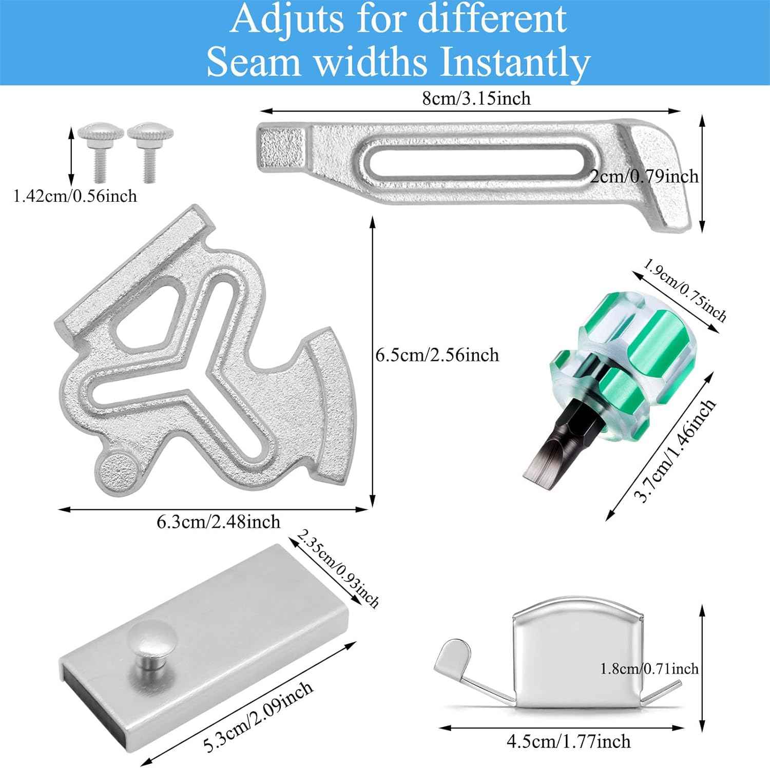 Silver magnetic seam guide with size measurements and green attachment piece
