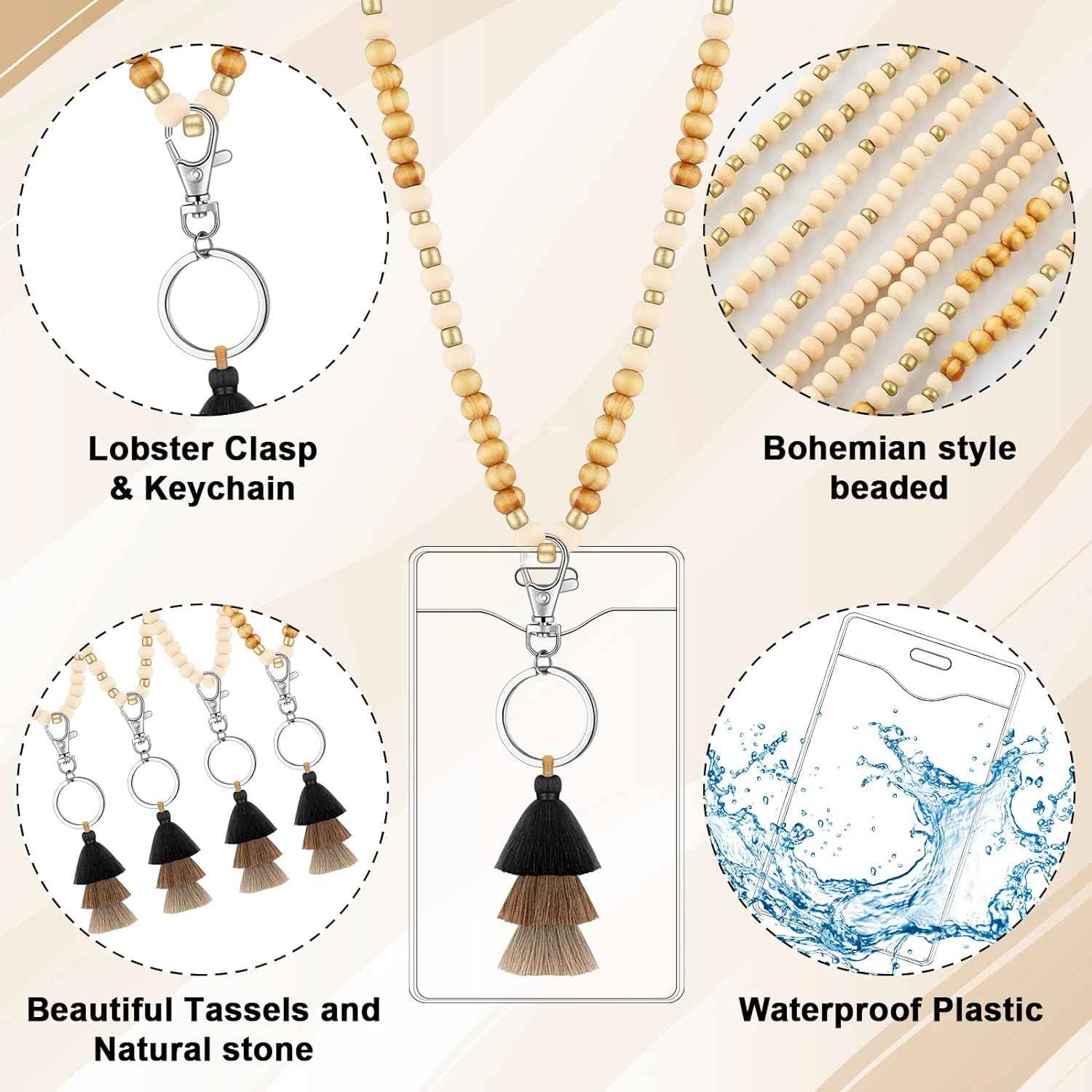 12 Pieces Wood Beaded Lanyards and Card Holder Set