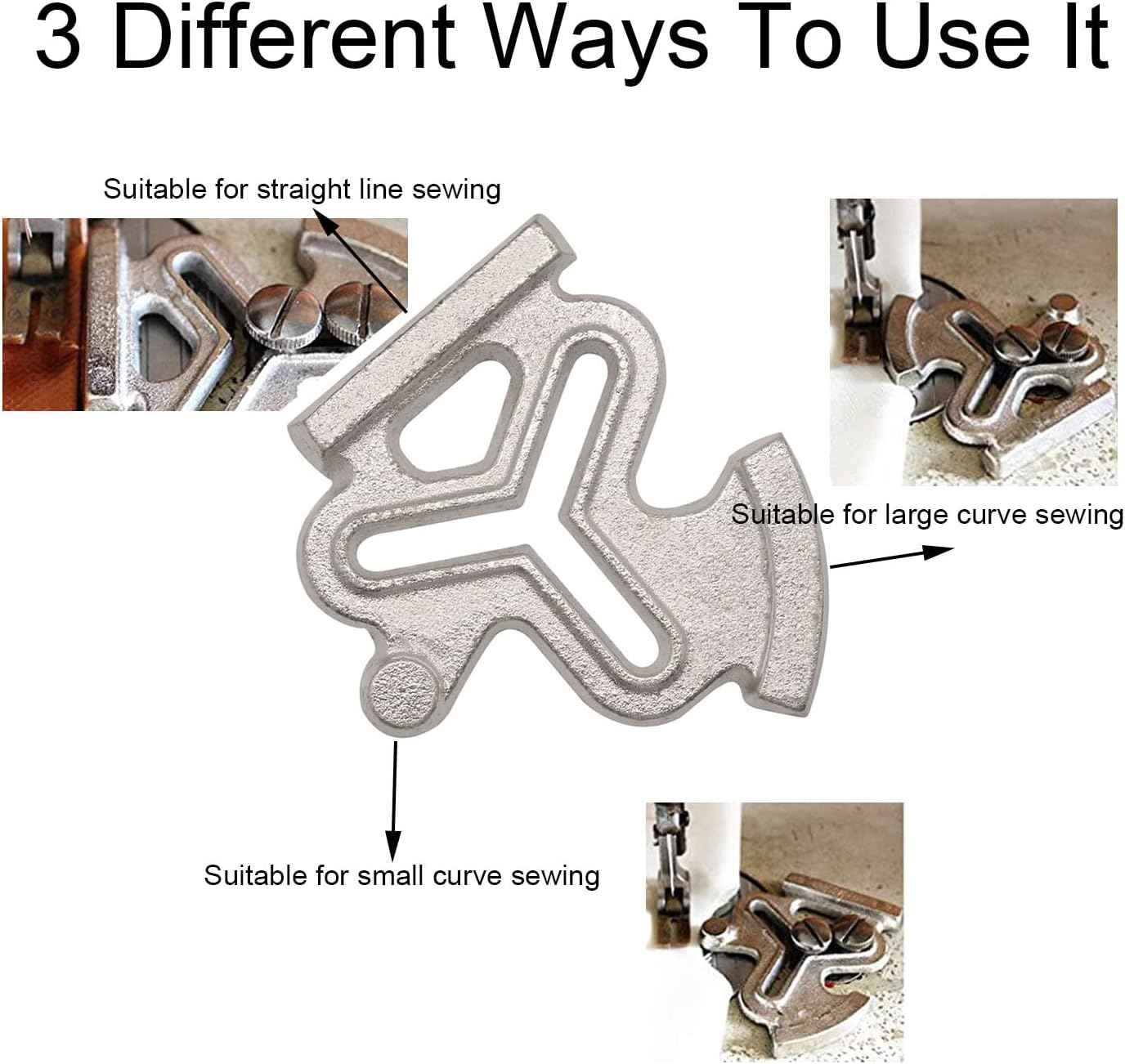 Silver magnetic seam guide attached to sewing machine bed for curved seam tracking