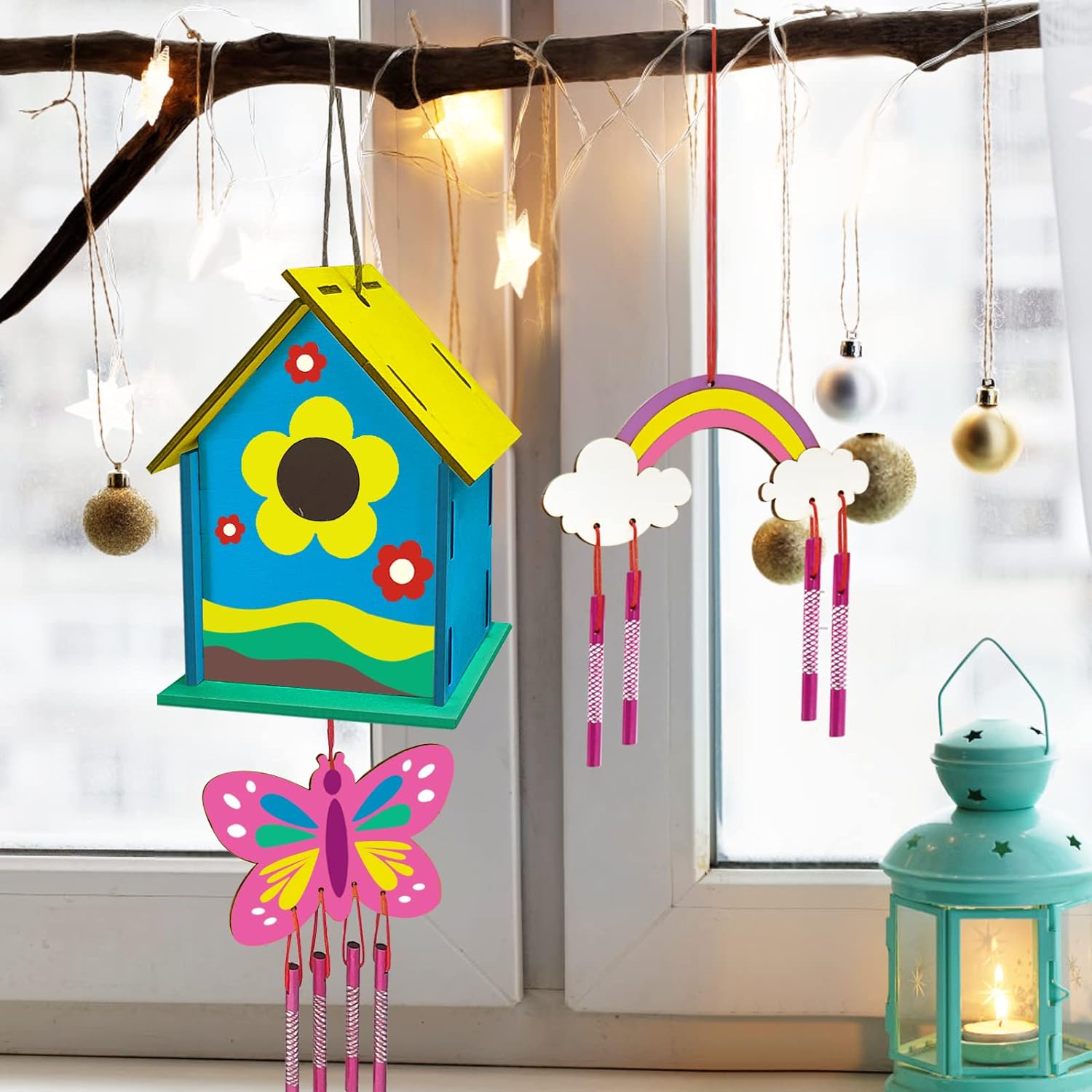 4 Pack DIY Bird House Wind Chime Kit Paint Wood Craft for Kids