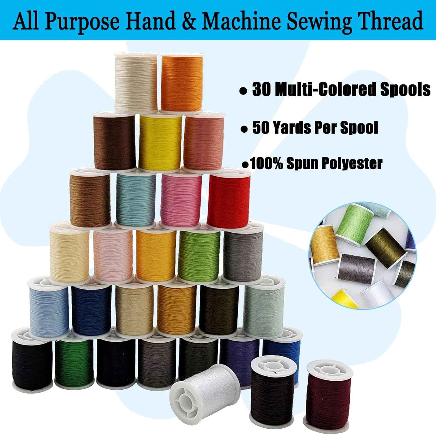 Stack of multi-colored polyester sewing thread spools from the 30-color set