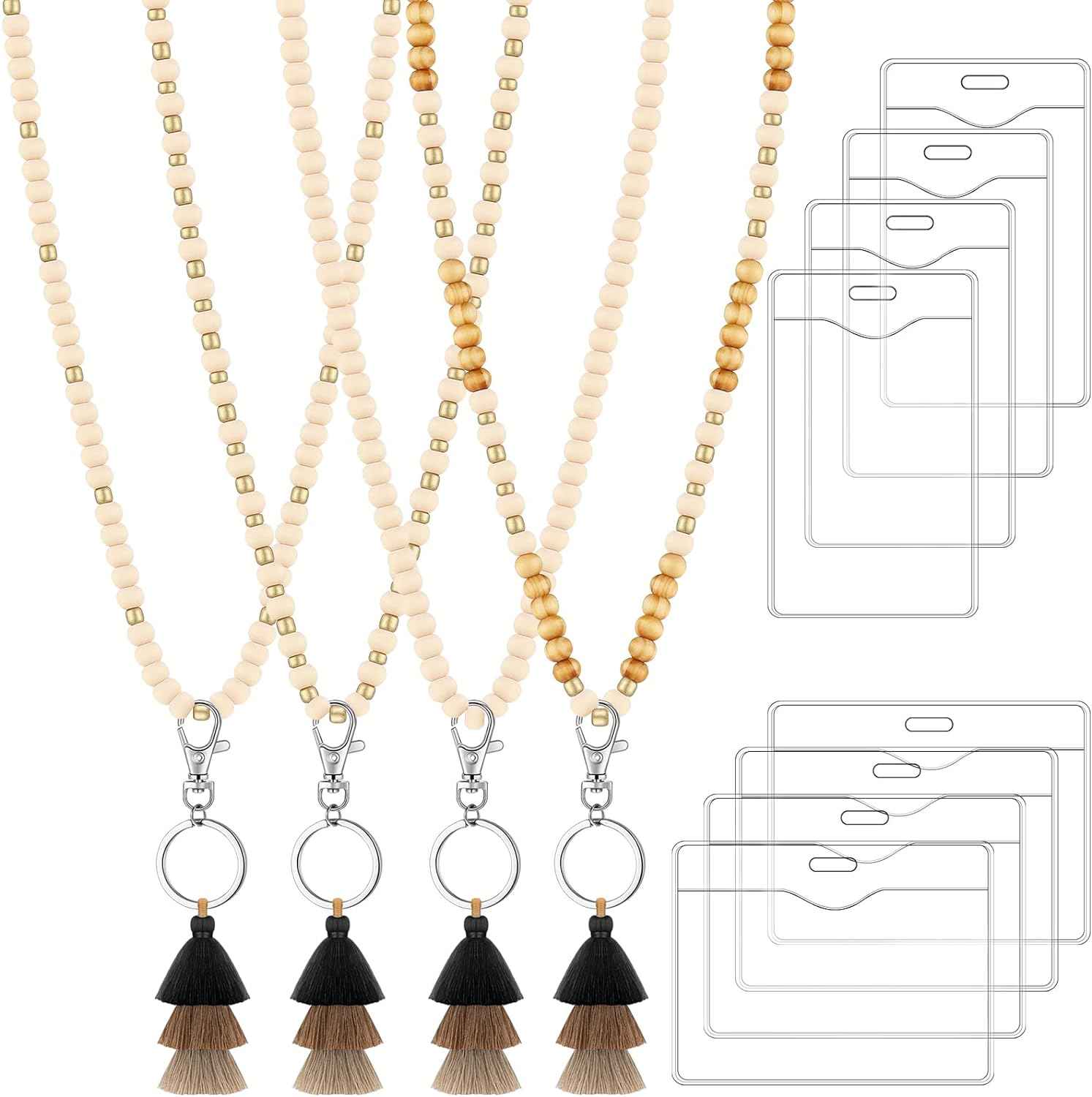 12 Pieces Wood Beaded Lanyards and Card Holder Set Rustic Style