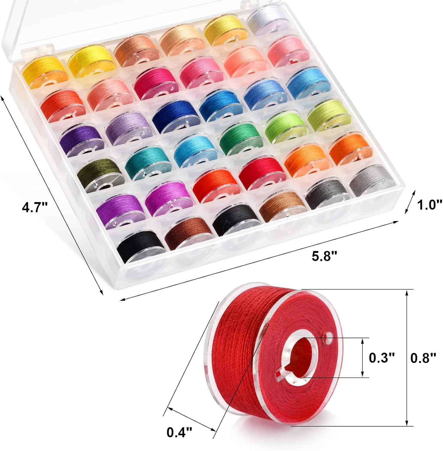72-piece thread kit box with mixed color spools, clear organizer and measurements