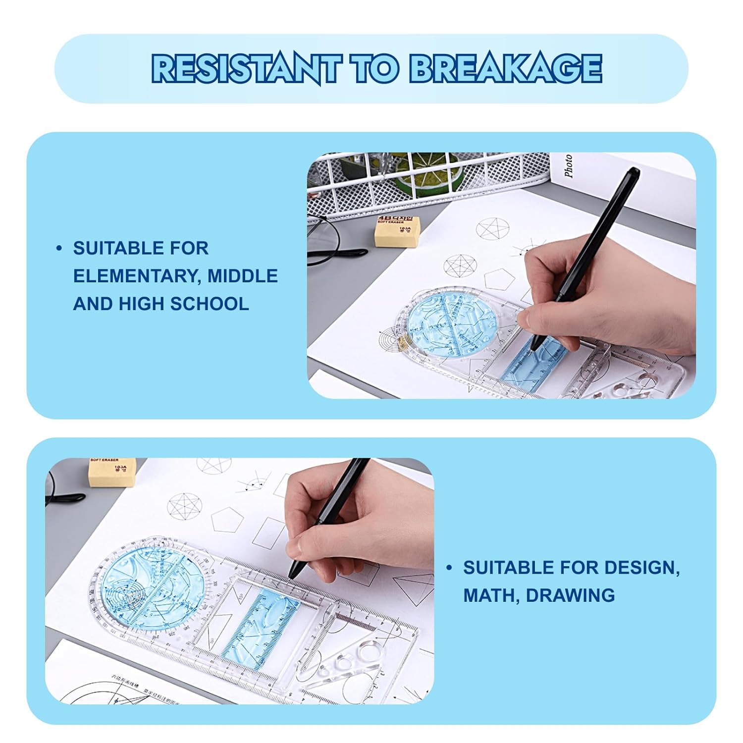 4Pcs Multifunctional Geometric Math Measuring Rulers for Drawing Art
