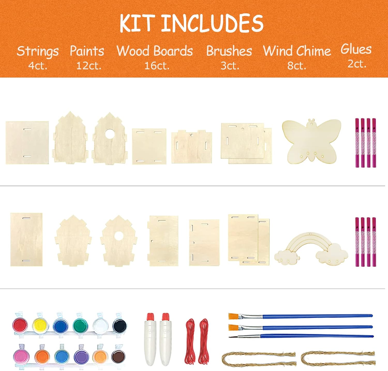 4 Pack DIY Bird House Wind Chime Kit Paint Wood Craft for Kids