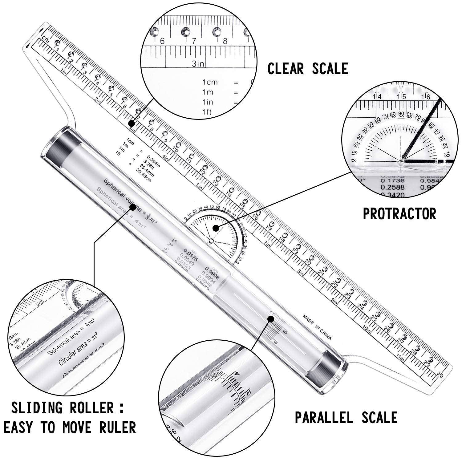 Pusher Ruler Multifunctional Rolling Ruler Drawing Parallel Roller Ruler 6/12 Inch ...