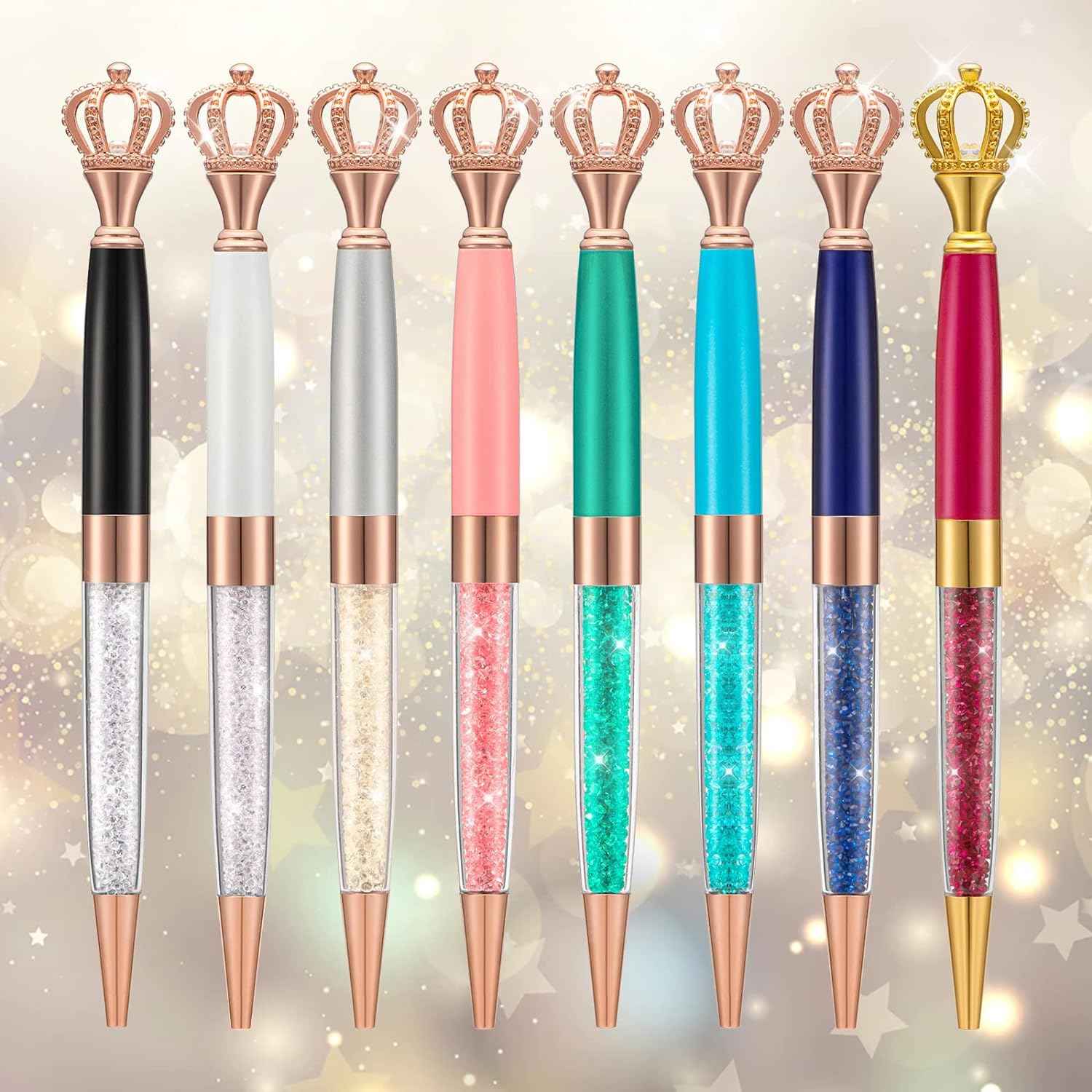 8 Pieces Crystal Crown Ballpoint Pen Set for Women Kid Girl 8 Colors