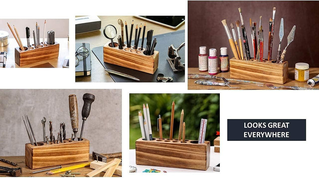 10 Slots Rustic Vintage Wooden Pen Holder Rustic
