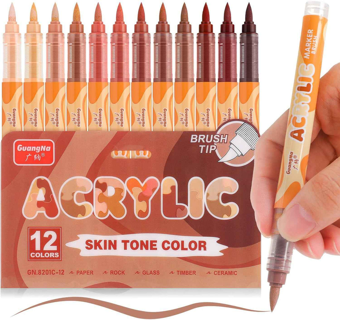 Guangna 8201 Acrylic Paint Markers 12 Skin Tone Colors Soft Brush Tip A