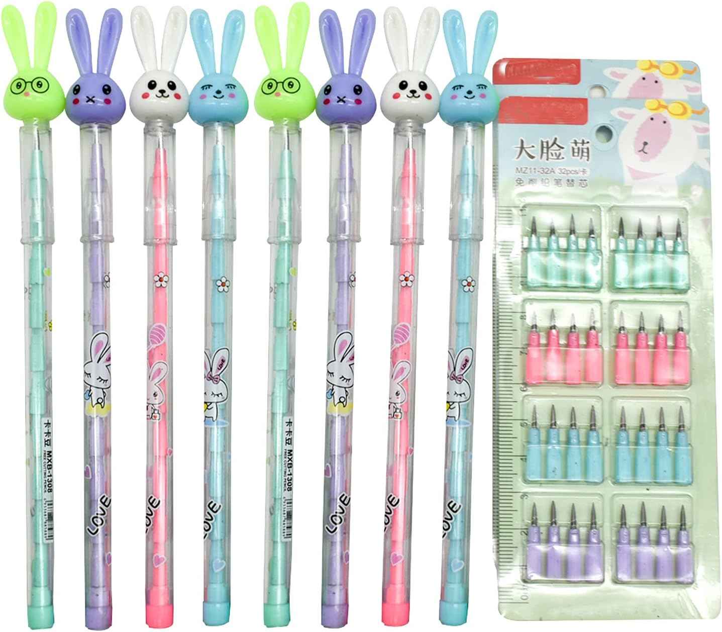 12PCS Cute Bunny Non-Sharpening Stackable Pencils with 64 Refills