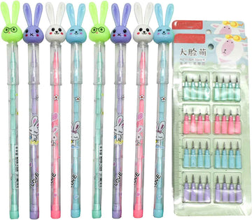 12PCS Cute Bunny Non-Sharpening Stackable Pencils with 64 Refills