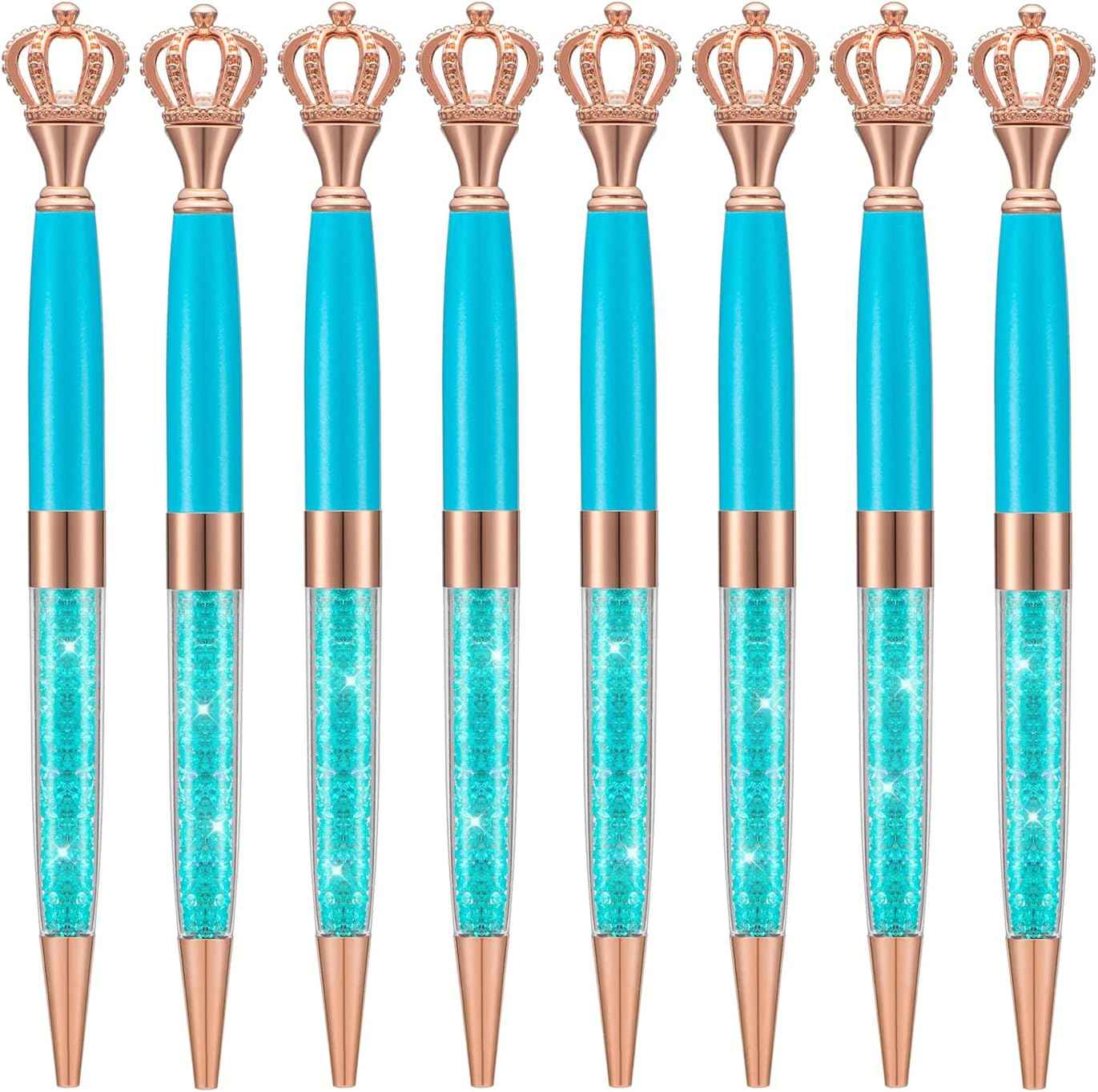 8 Pieces Crystal Crown Ballpoint Pen Set for Women Kid Girl Sky Blue