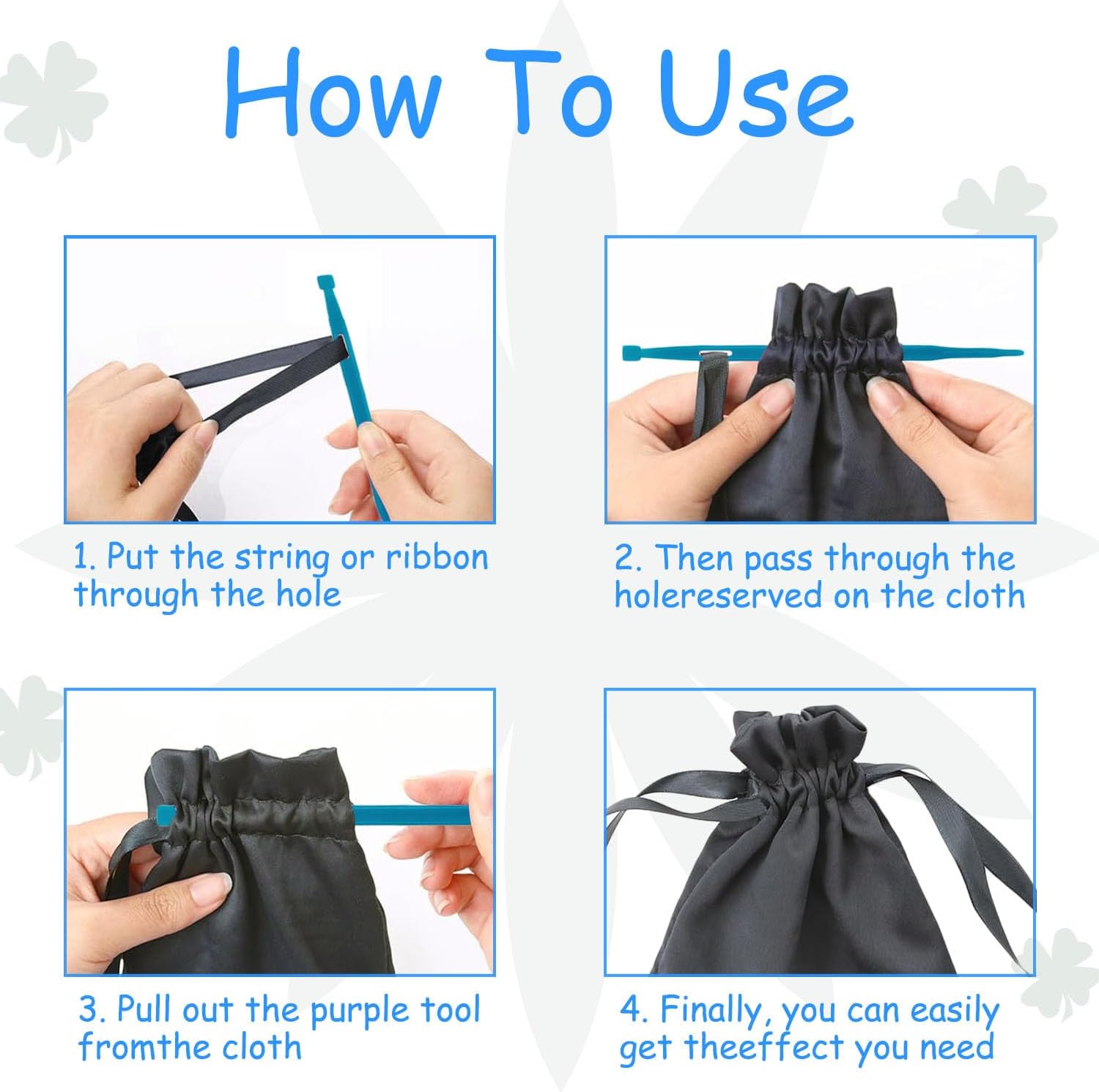 Purple tool used to pull fabric through drawstring pouch opening, step sequence