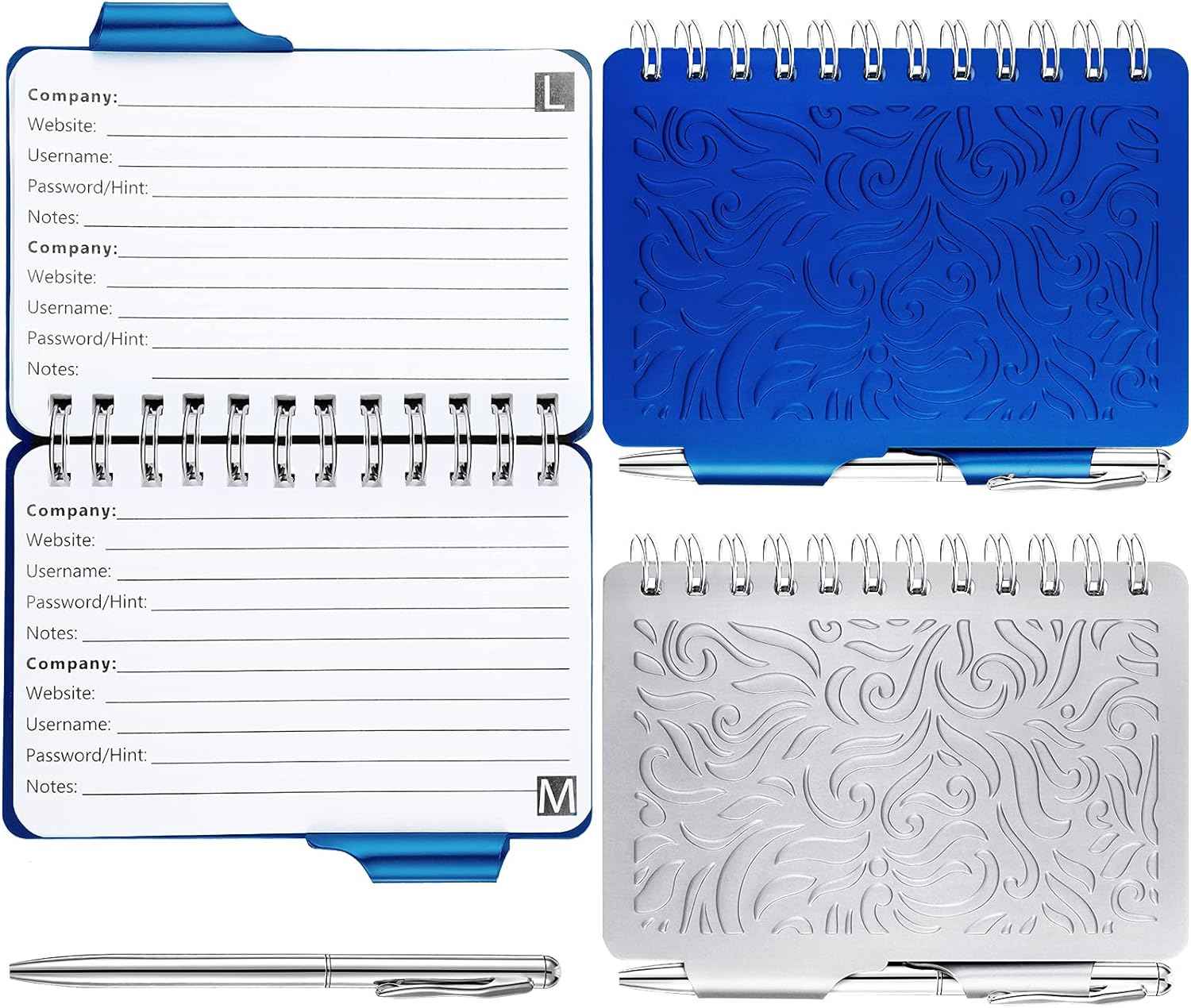 2Pcs Protable Notebook Elegant Mandala Password Book Keeper with Pen Silver Blue