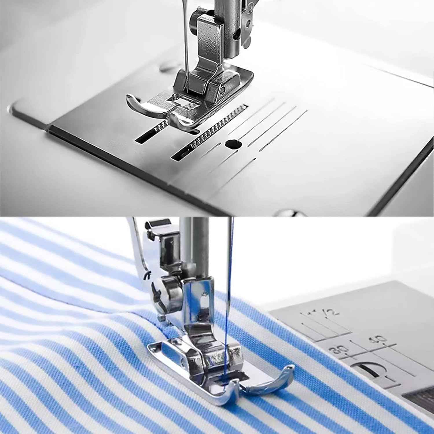 Zigzag presser foot on sewing machine, guiding stitched fabric under needle