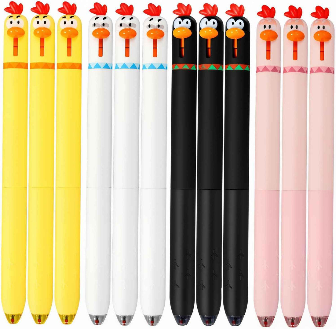 12PCS Funny Chicken Retractable Gel Pens 0.5mm Fine Point Black Ink 12 Mixed Color