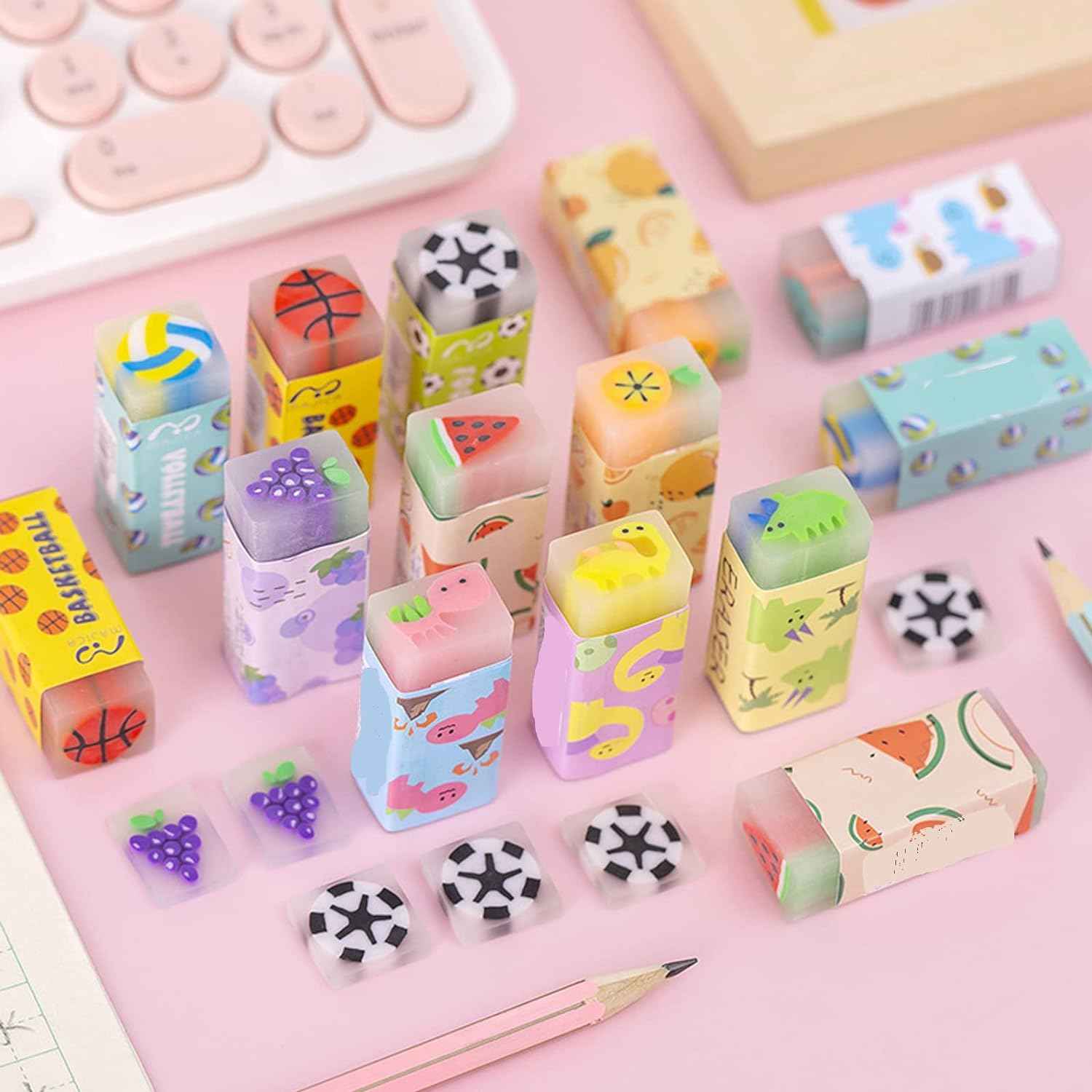 Fruit Ball Dinosaur Sakura Cute Pencil Erasers for Kids 16 Pack