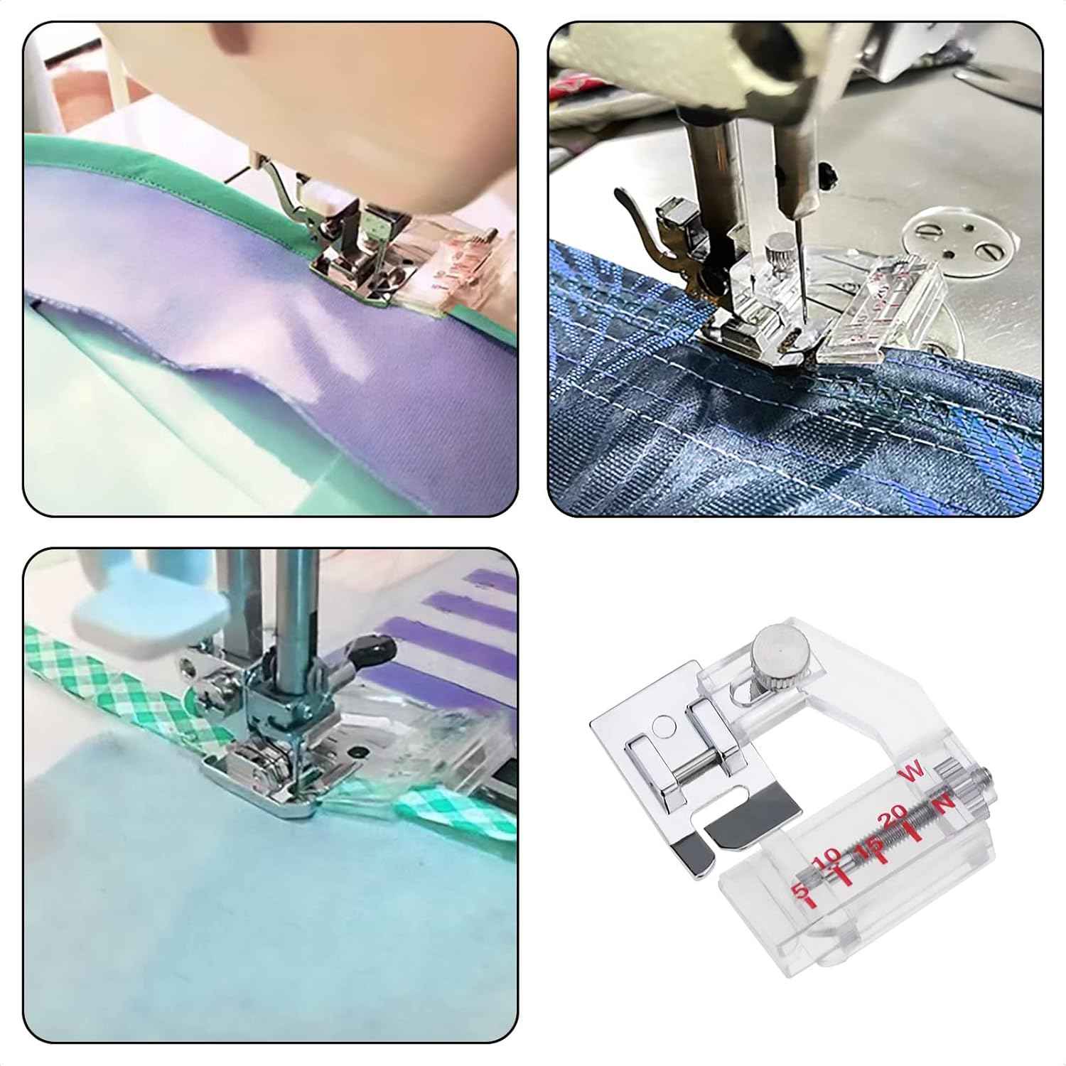 Bias binder presser foot for sewing, shown in use guiding bias tape