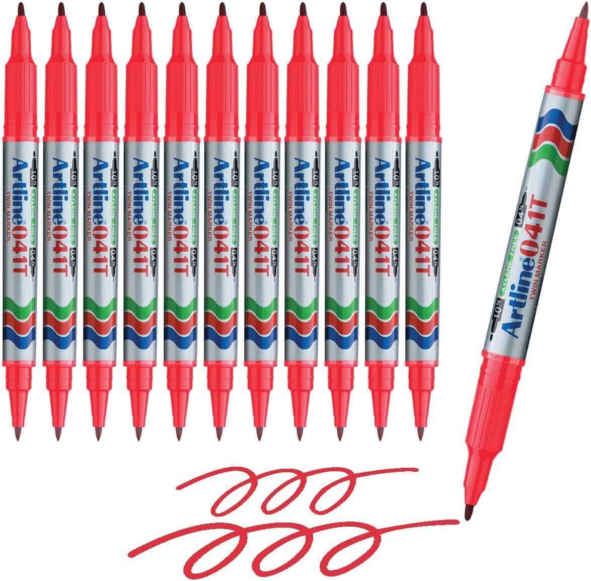 Artline 041T Twin-Nib Permanent Markers 0.4mm-1.0mm 12 Pack Red
