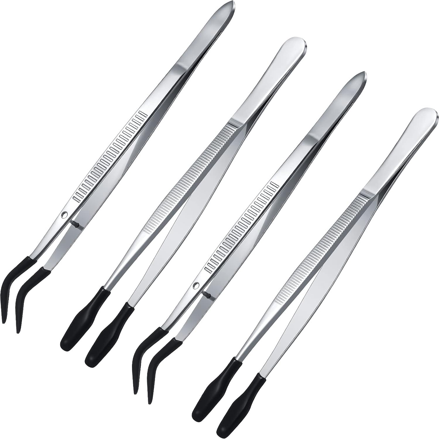 4Pcs Tweezers with Rubber Tip for Lab Industrial Jewelry Craft Black